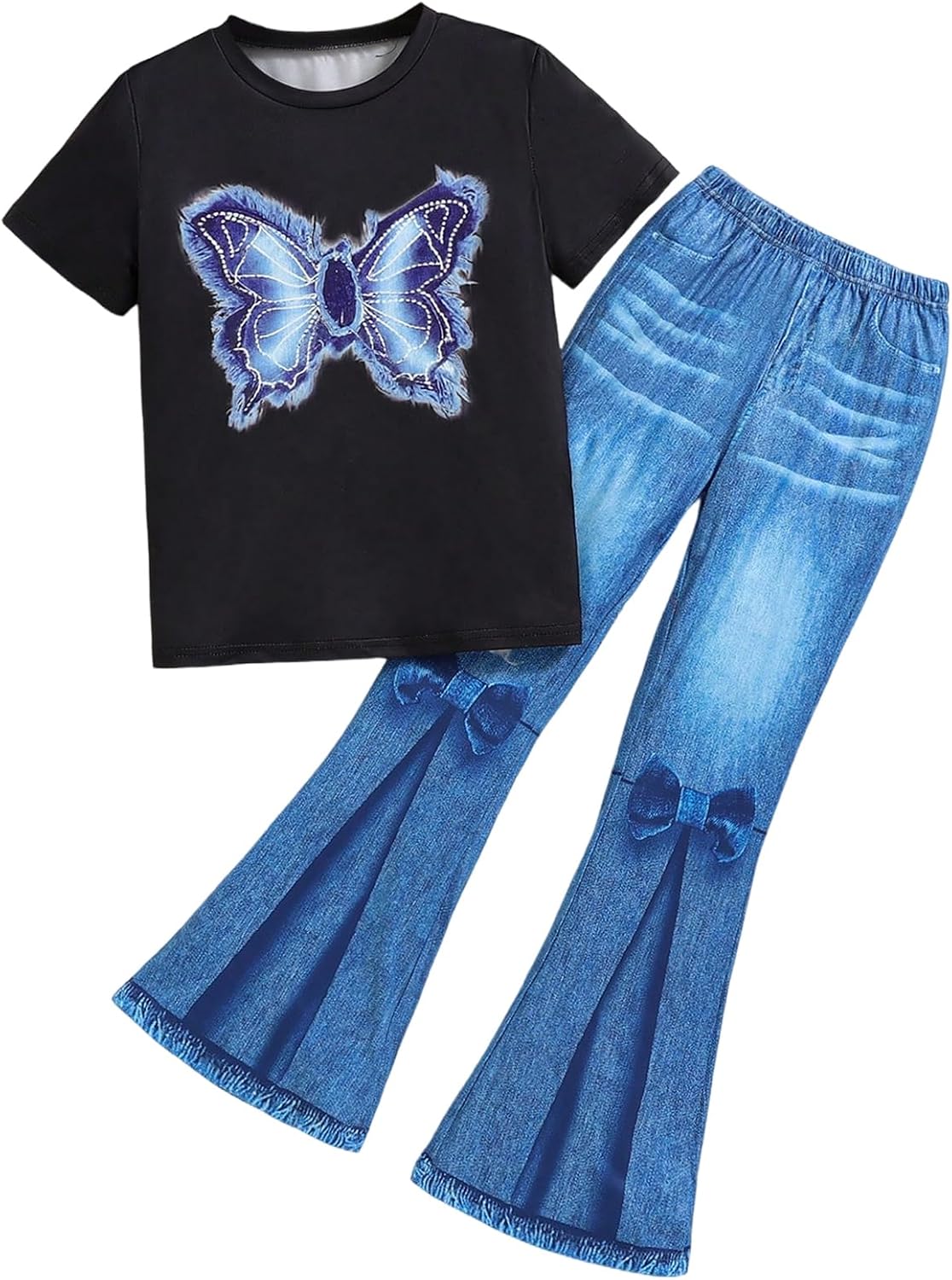 OYOANGLE Girl's Two Piece Cute Outfits Butterfly Denim Print T Shirt Flared Pants Clothing Set