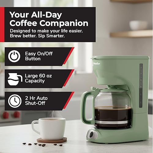 Miniatura 2 de MUELLER HOME Cafetera verde de goteo de 12 tazas, jarra de borosilicato, apagado automático, filtro reutilizable, antigoteo, función de mantener el
