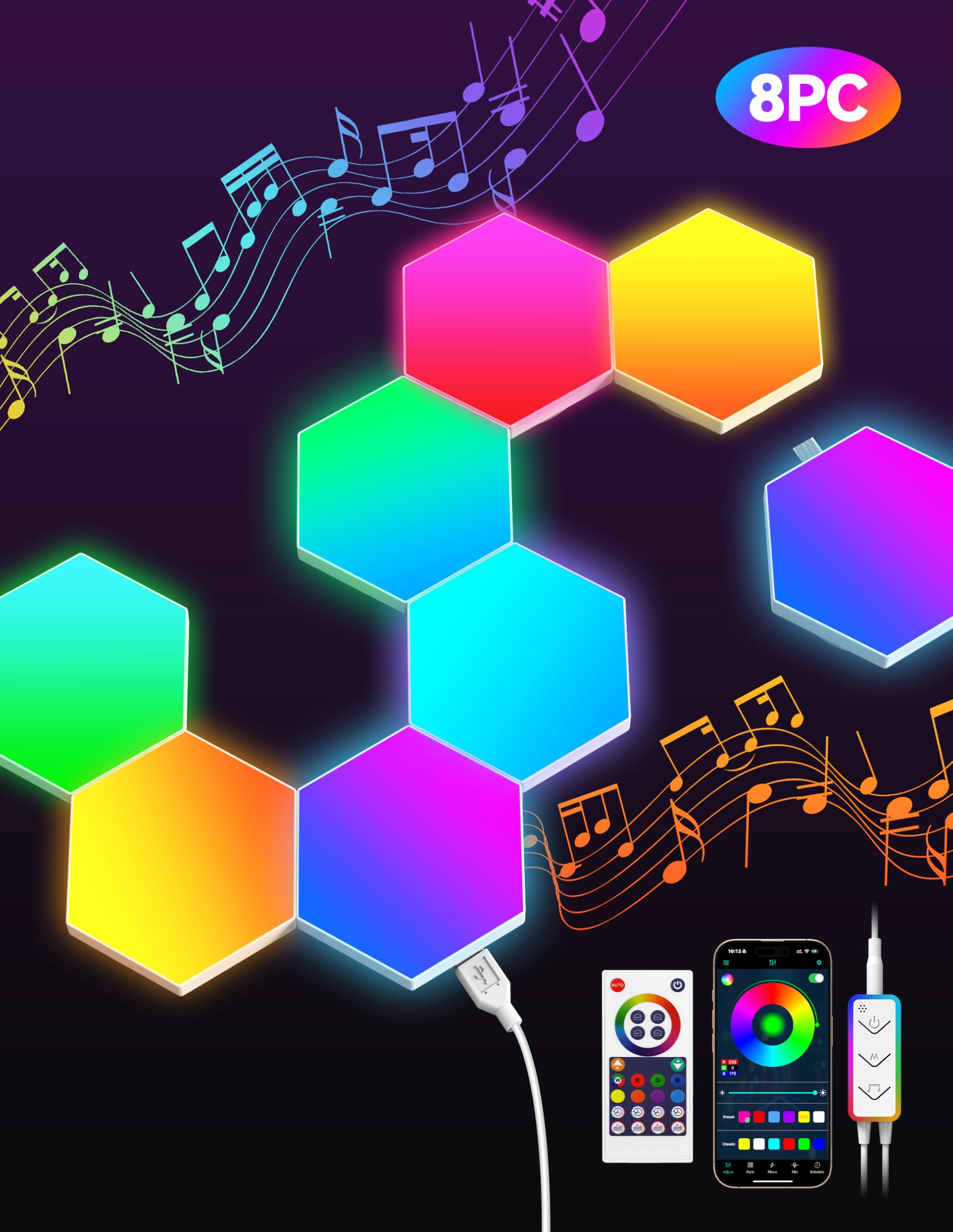Tecknet White Hexagon Led Lights,8 Pack Rgb Gaming Hex Wall Light Panels Sync To Music,Smart Lights With App & Remote & Wired Control For Room Bar Bedroom Home Gaming Room Decor Present