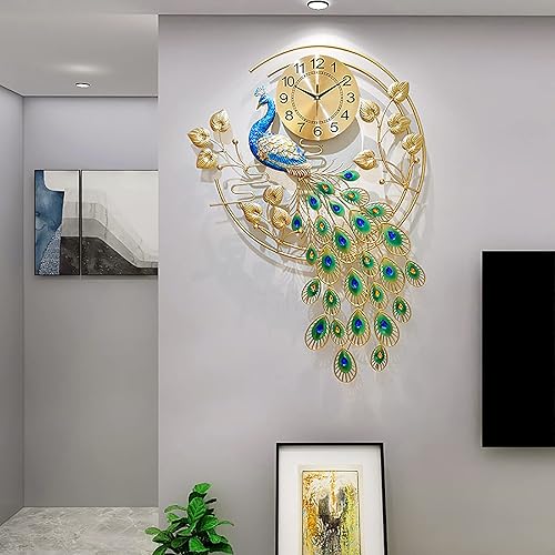 Miniatura 16 de Reloj de pared grande de pavo real de 31.5 pulgadas, diseño de metal, sin tictac, arte silencioso, relojes de pared digitales para decoración