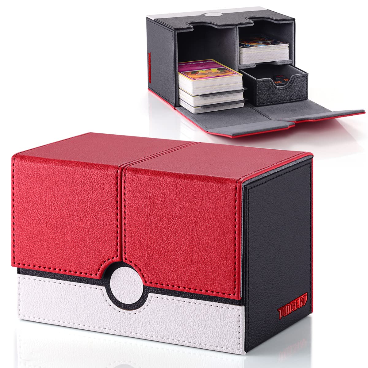 tombert Card Deck Box with 2 Dividers and a Dice Tray for MTG Cards, 380+ Card Storage Box Fits 150 Double Sleeved Cards for TCG CCG (Red &White)