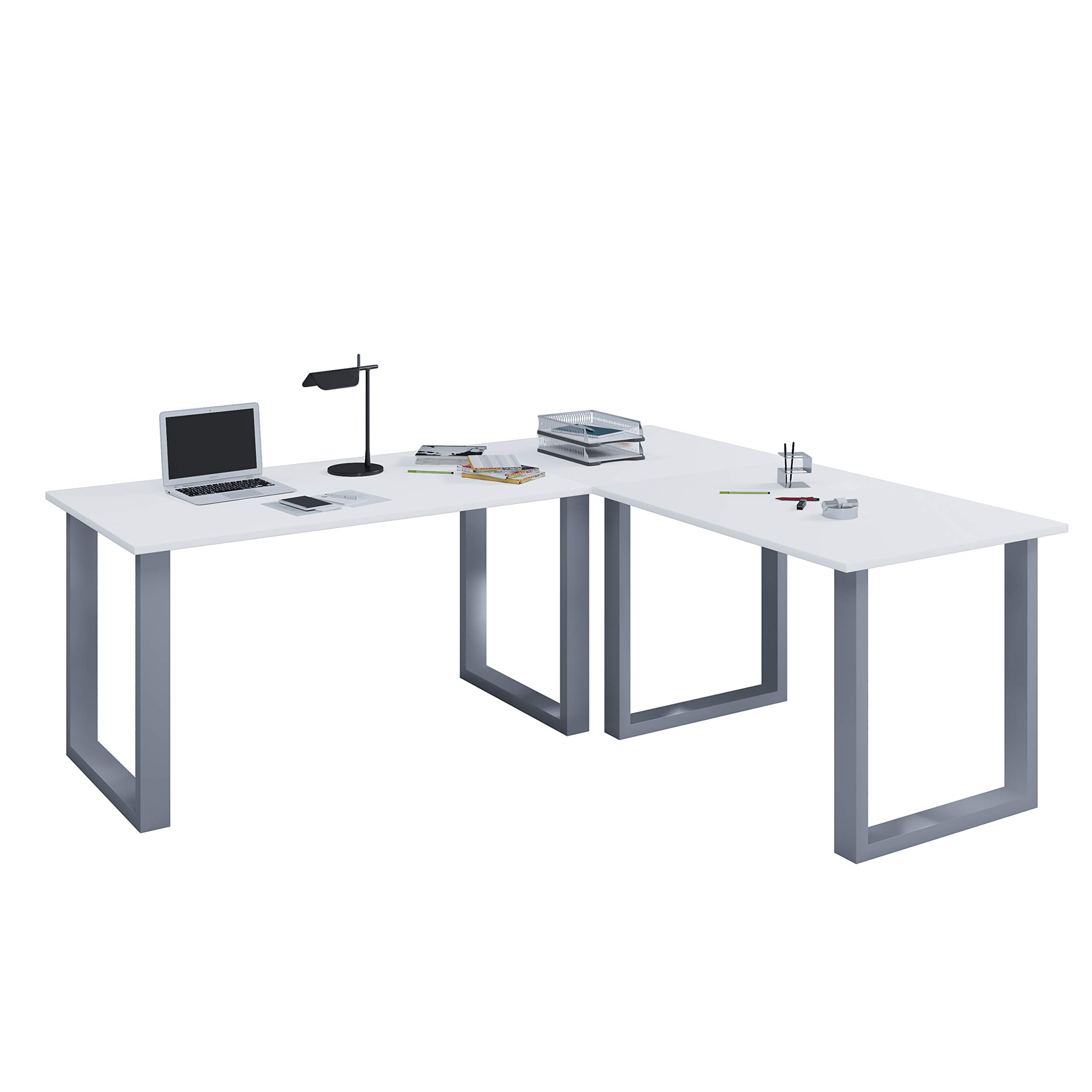 VCM Holz Schreibtisch | Eckschreibtisch Schlicht | 130x130 | L Form Links Oder rechts | Arbeitstisch Platte 50 cm Tief | Computertisch Büromöbel - Lona U Silber/Weiß