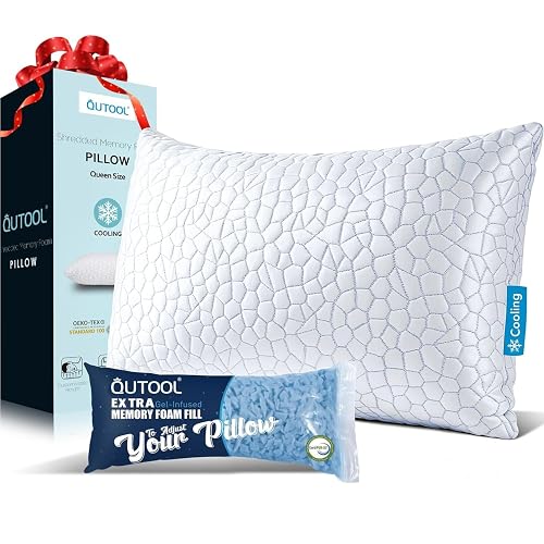 QUTOOL Cooling Pillow for Sleeping, CertiPUR-US Shredded Memory Foam Queen Pillow Set of 1, Cool Pillow for Hot Sleepers Adjustable Firm Pillow for Side, Back, Stomach Sleepers Soft Yet Support, White
