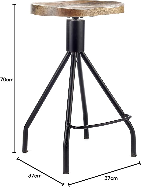 The Elm Home and Homemade Garden Bar Kitchen Pub Café Breakfast Stool Solid Mango Wooden Top Adjustable Height