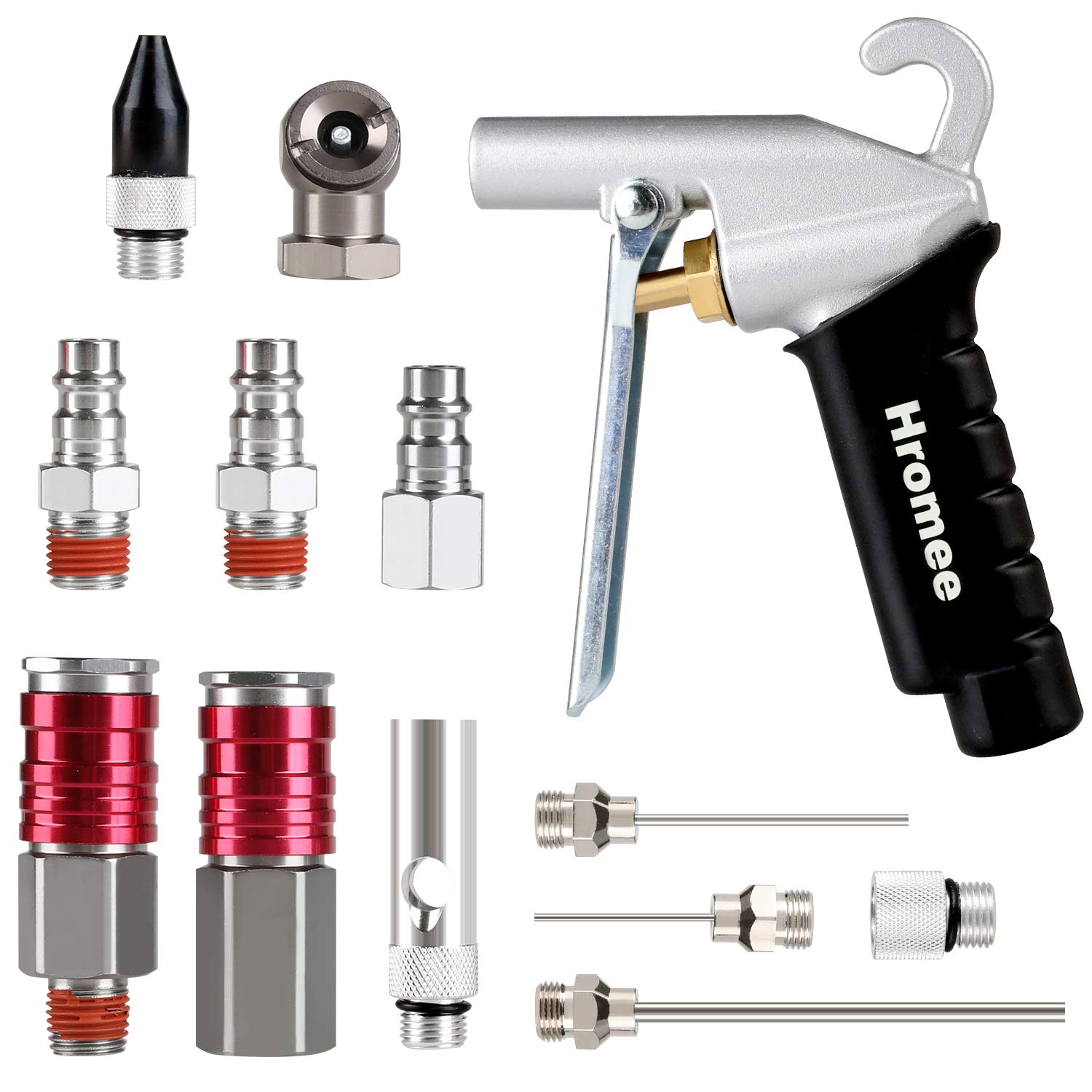 Hromee High Flow Air Blow Gun Kit with Nozzles Tips and Extensions, 13 Pieces Air Compressor Accessory Tools with Couplers and Plugs