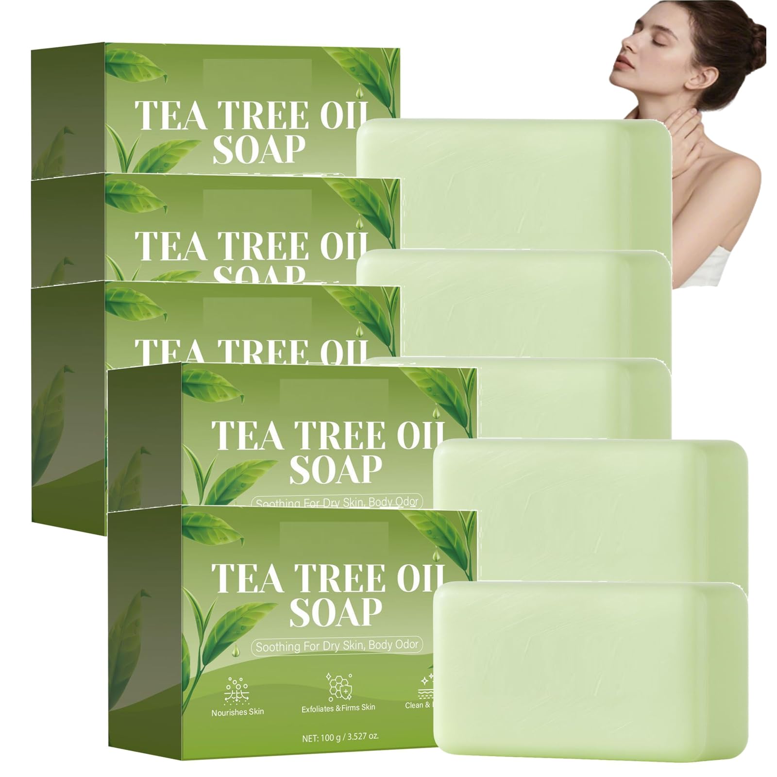 Sapone olio di albero tè viso corpo, sapone lenitivo arricchito con olio di albero tè, Saponi dolce albero viso corpo, Saponi detergente profondo che aiuta a rimuovere impurità odori (5pcs)