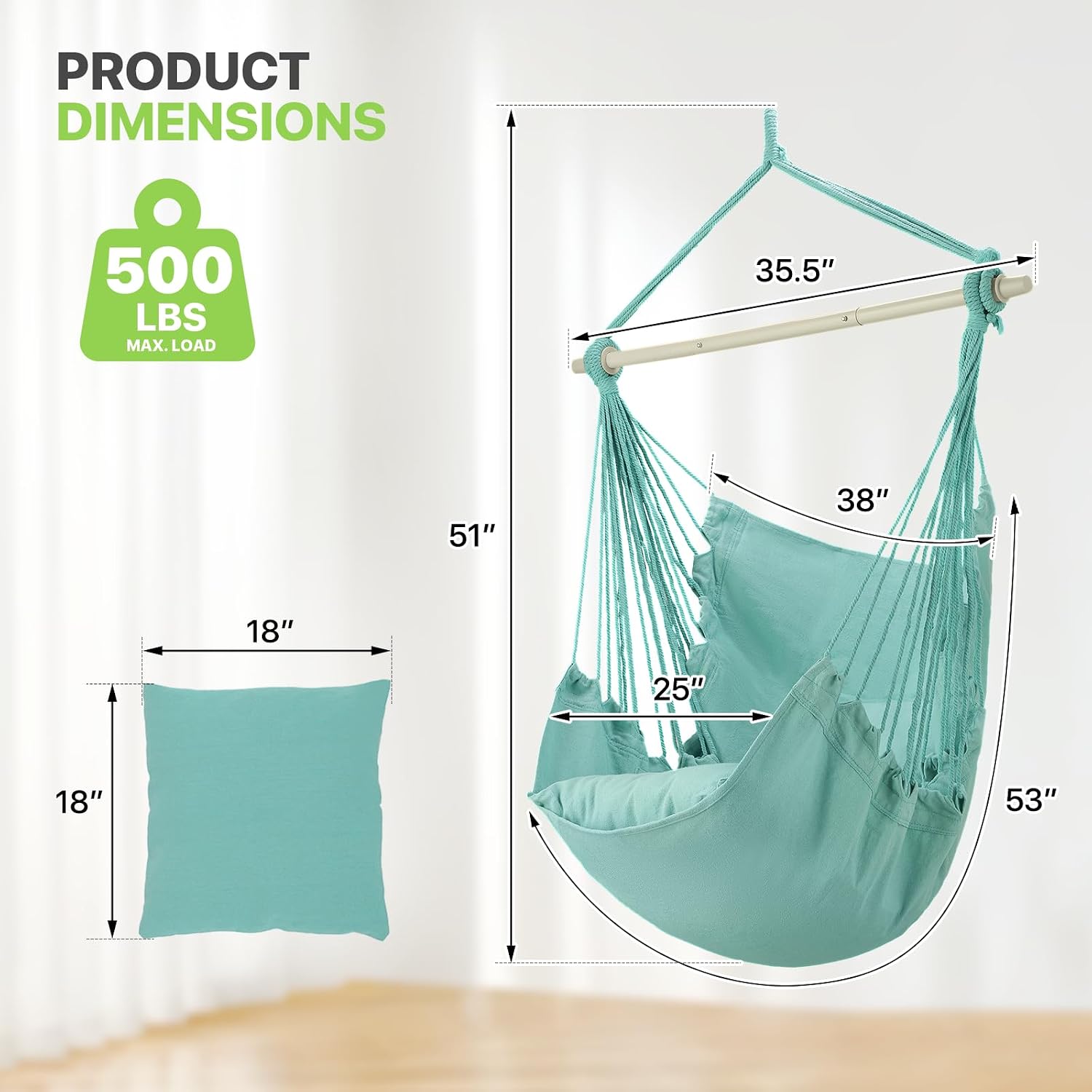 Magshion Hammock Swing Chair with Pocket, Large Macrame Hanging Chair for Indoor & Outdoor Use, 2 Pillows Included, 350 lbs Capacity Rope Swing for Adults, Sea Green