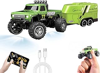 Mini RC Car, 1/64 Scale Mini Remote Control Monster Truck with Trailer, 2.4Ghz &