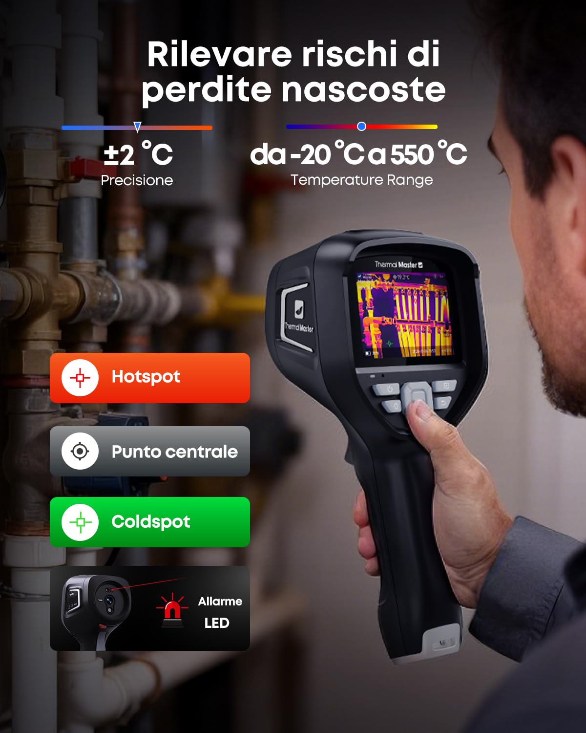 Thor 002 Termocamera Palmare, Risoluzione 512×384 px, 25Hz, Display IPS 3,5", -20°C a 550°C, WLAN & App/PC Analisi, IP54 per Settore Elettrico, Industriale e HVAC