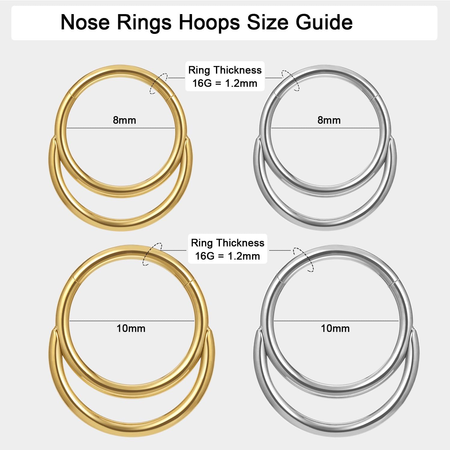 Titanium Septum Rings, 16G Septum Jewelry, Gold Septum Ring Hypoallergenic Hinged Clicker Septum Nose Piercing Jewelry Hoops for Women Men-8mm/10mm Silver/18K Gold Plated - Image 8