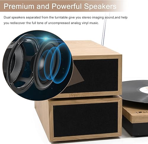 Miniatura 3 de LP&No.1 Tocadiscos vintage inalámbrico con altavoces externos duales, tocadiscos inalámbricos con salida RCA y entrada inalámbrica, madera marrón
