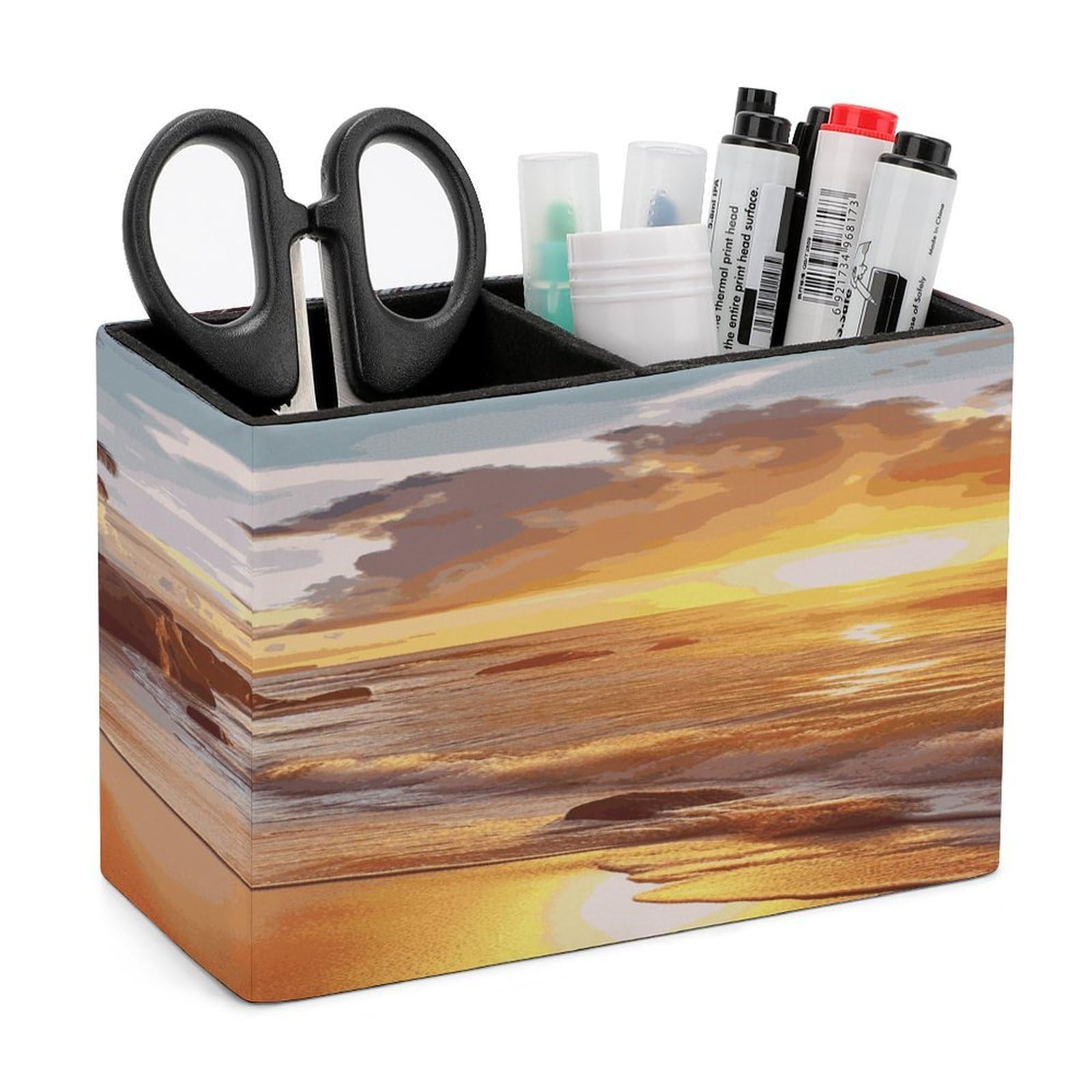 VstaDank Tropical Beach at Sunset Pencil Holder for Desk(Double Slots) Fashion Leather Pencil Cup Simple Rectangular Shape Pen Holder Multi-Functional Pen Cup for Home Office Supplies Storage