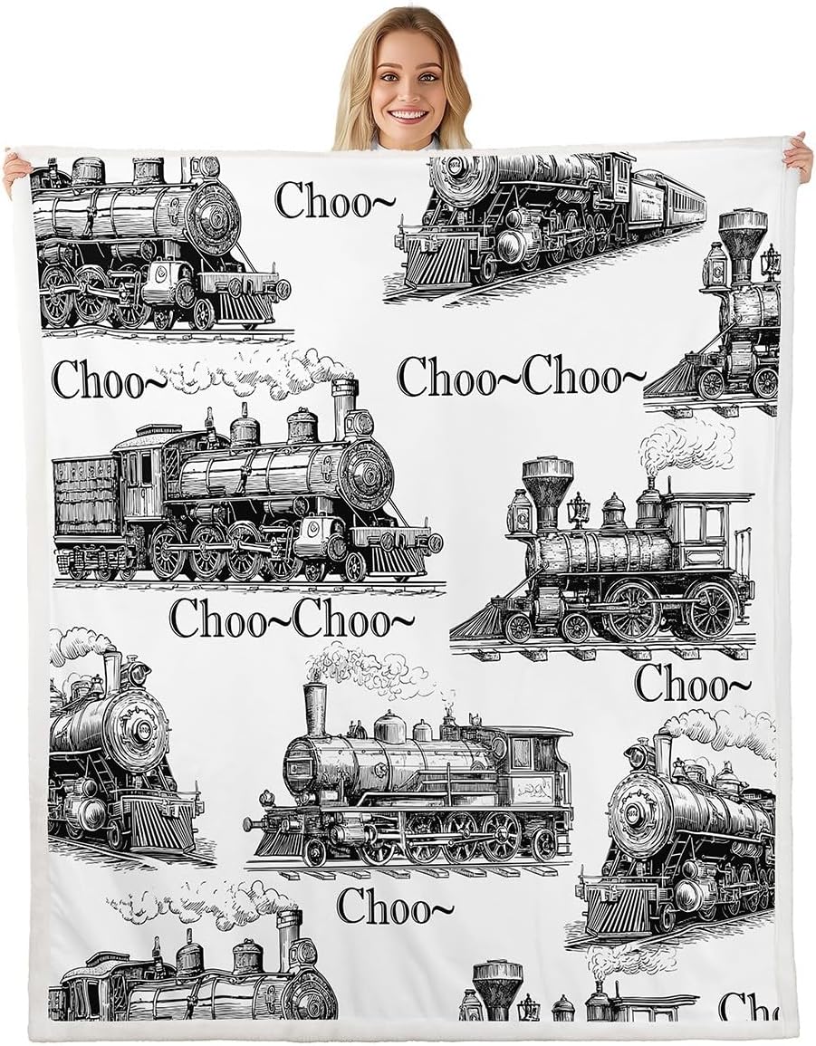 Retro Train Kids Blankets,Black Sketch Steam Locomotive Train Throw Blanket for Boys Teens Girls Room Decor,Old Transportation Car Fleece Blanket Soft White All Season Sherpa Blanket