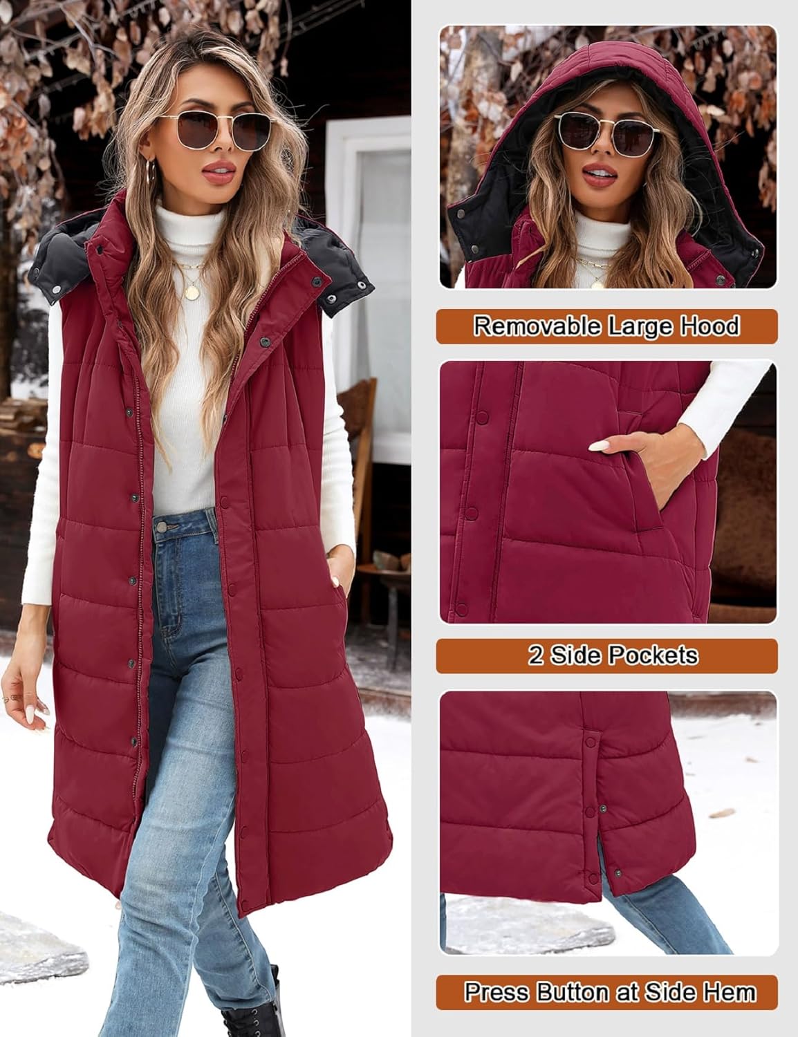 Long Puffer Vest Women With Hood Sleeveless Down Vest Warm Jacket Winter Coat With Pockets - Image 3