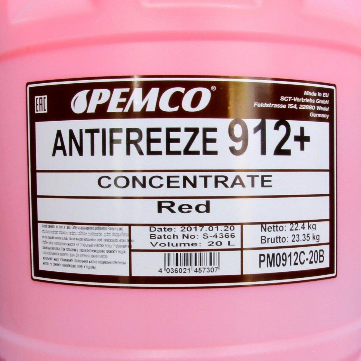 40 Liter (2x20) PEMCO ANTIFREEZE 912+ Kühlerfrostschutz Konzentrat rot