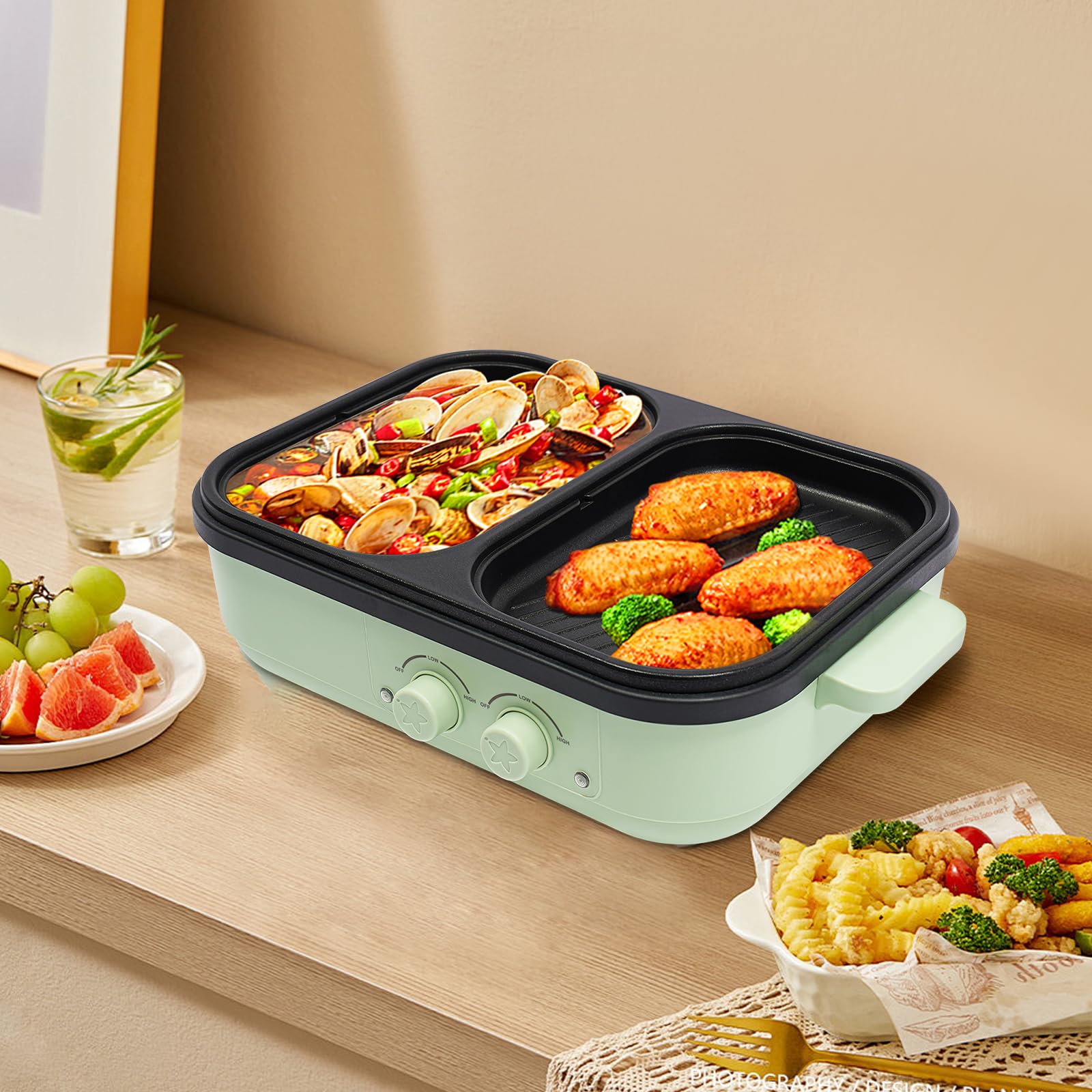 Elektrischer Hot Pot und Tischgrill 2 in 1 Kochtopf, 1300W Dual Use Elektrisch Korean Barbeque mit 2 unabhängiger Temperaturregelung für 1-3 Personen Für Haushalten, Familienfeiern