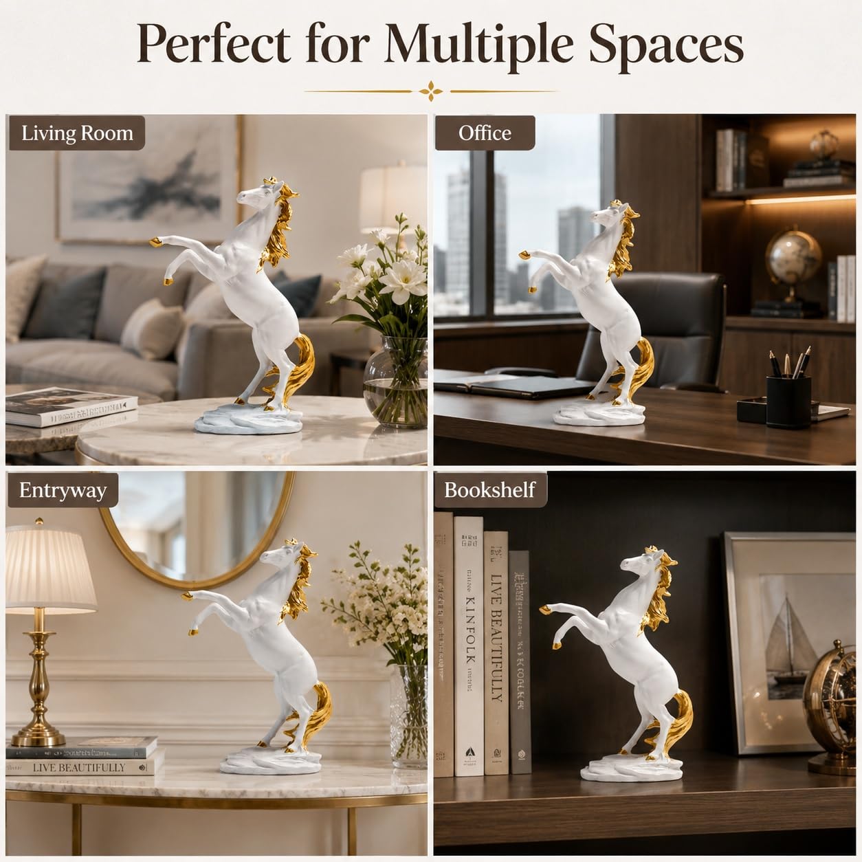 Estatua de Caballo Decorativa de Resina, Escultura Ecuestre Artística, Figura de Animal para Sala Oficina Repisa Chimenea Mesa, Decoración de Interiores y Colección,Blanca