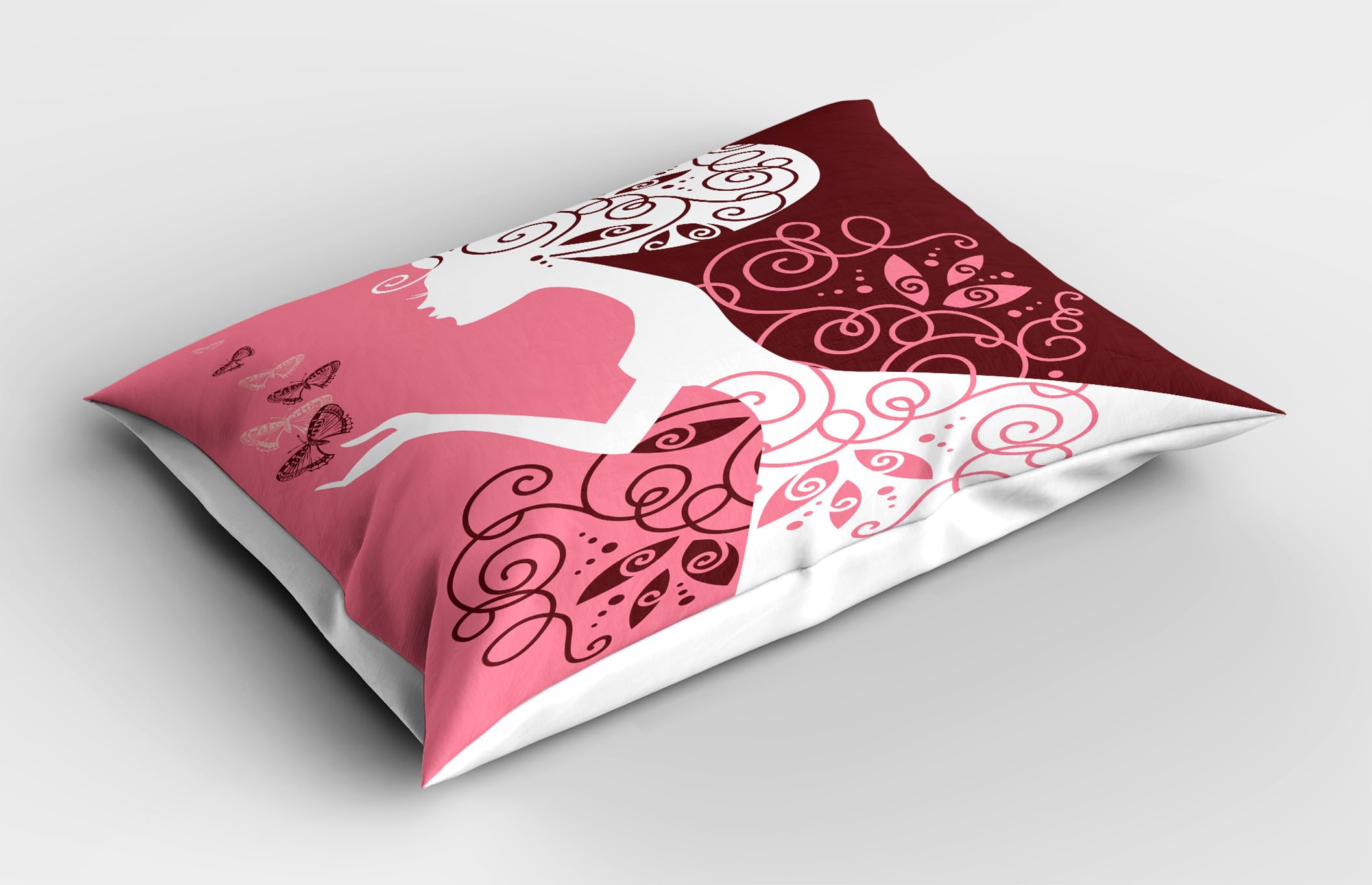 Ambesonne Pink Pillow Sham Set of 2, Drawing Girl with Butterflies Floral Ornaments Swirled Branches, Quality Microfiber Bedding Item for All Seasons, 30