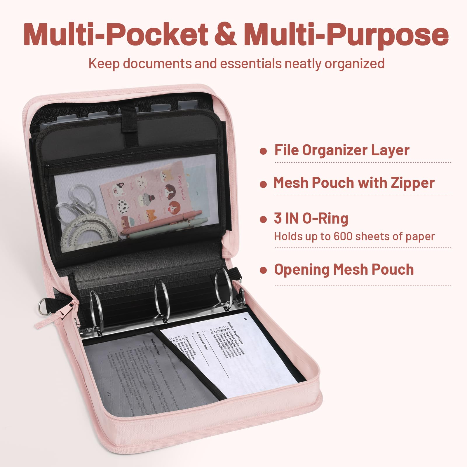 SUNEE Raccoglitore con cerniera a 3 anelli, anello a O da 7,6 cm, con manico e tracolla, capacità 600 fogli, multi-tasche per organizer per scuola media con cerniera, rosa loto