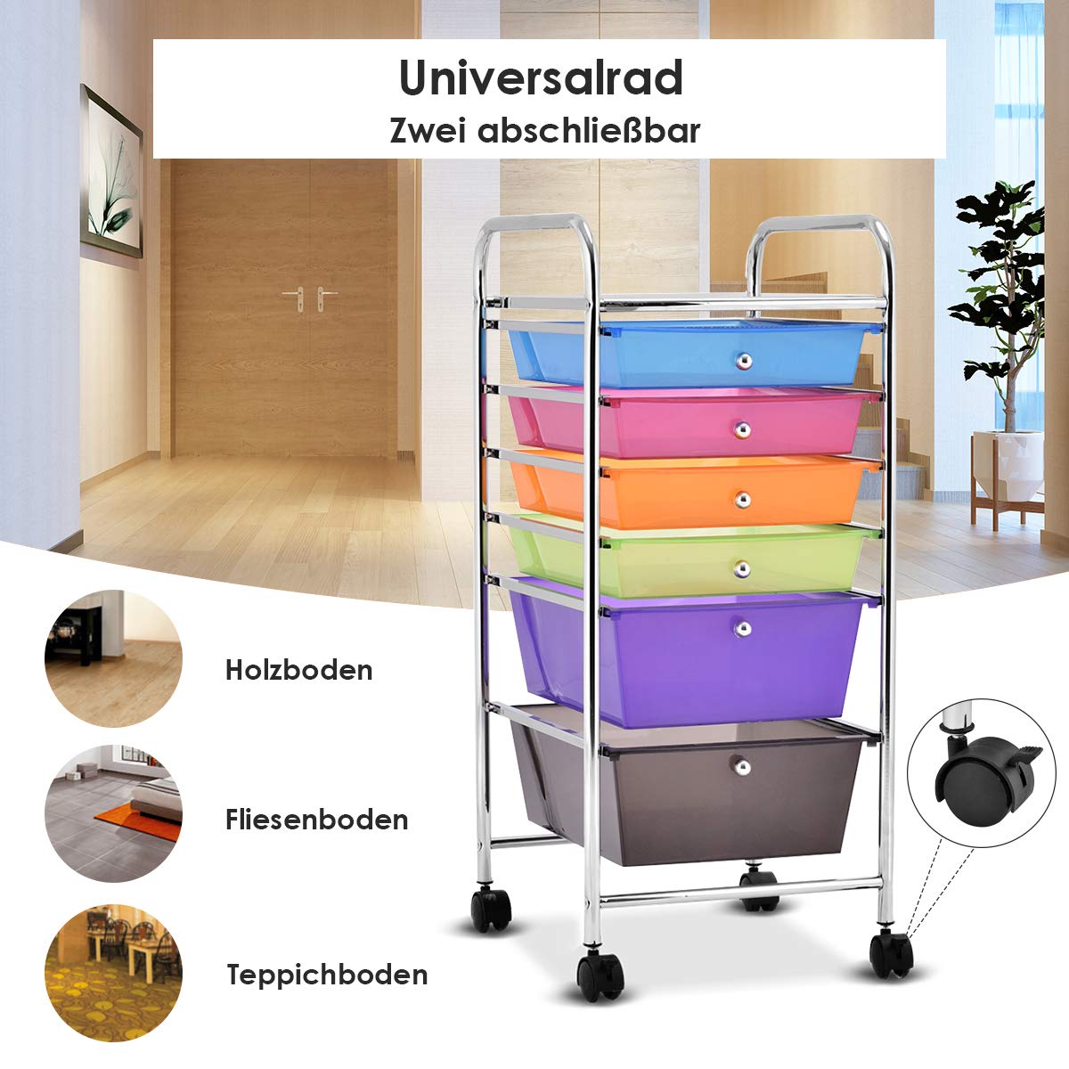 GOPLUS Rollwagen mit 6 Schubladen, Rollregal Farbig, Küchenwagen mit Rädern, Beistellwagen Haushaltswagen Rollcontainer Badrollwagen Badtrolley Badregal