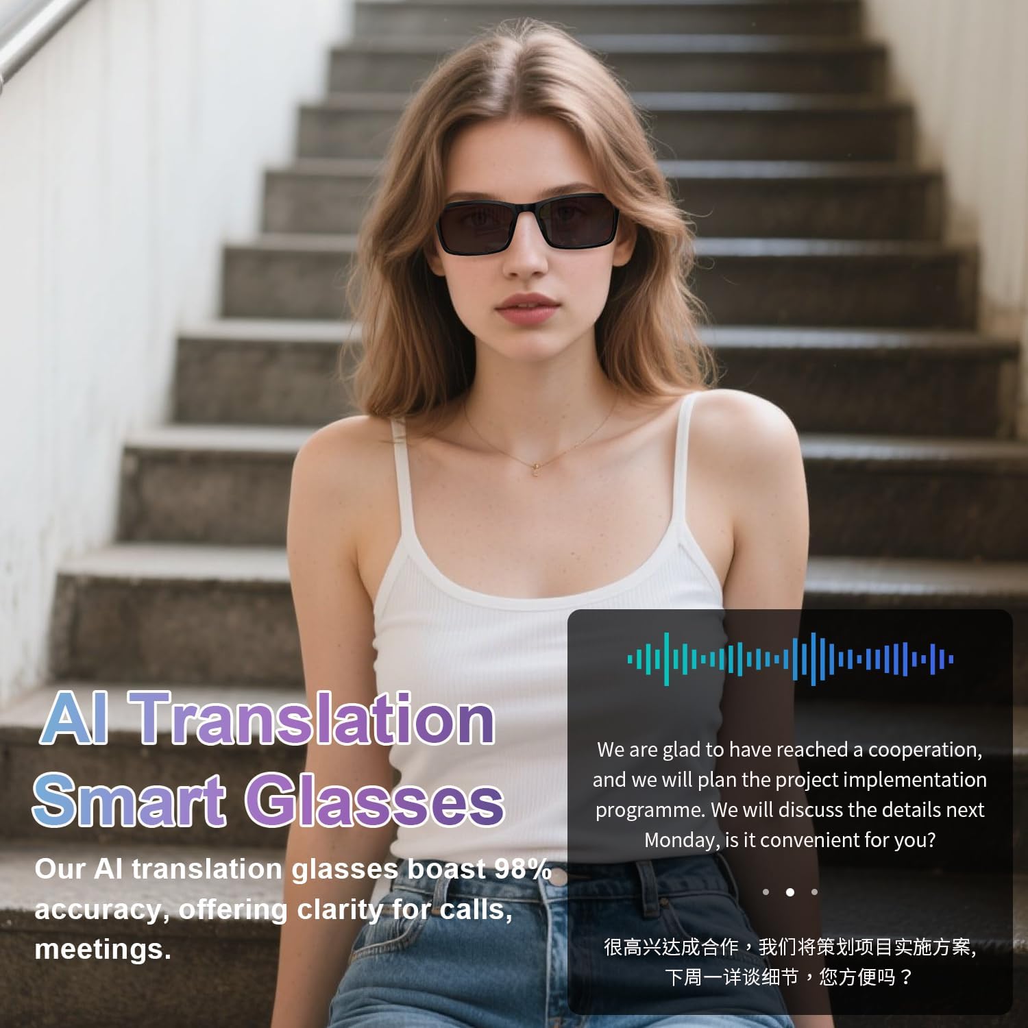 AI Smart Glasses for Men Women, Real-Time Translation, Support 160+ Languages, Video/Audio Calls, AI Noise Reduction, Extra Sunglasses Lens Included, Bluetooth Eyewear for Indoor Outdoor