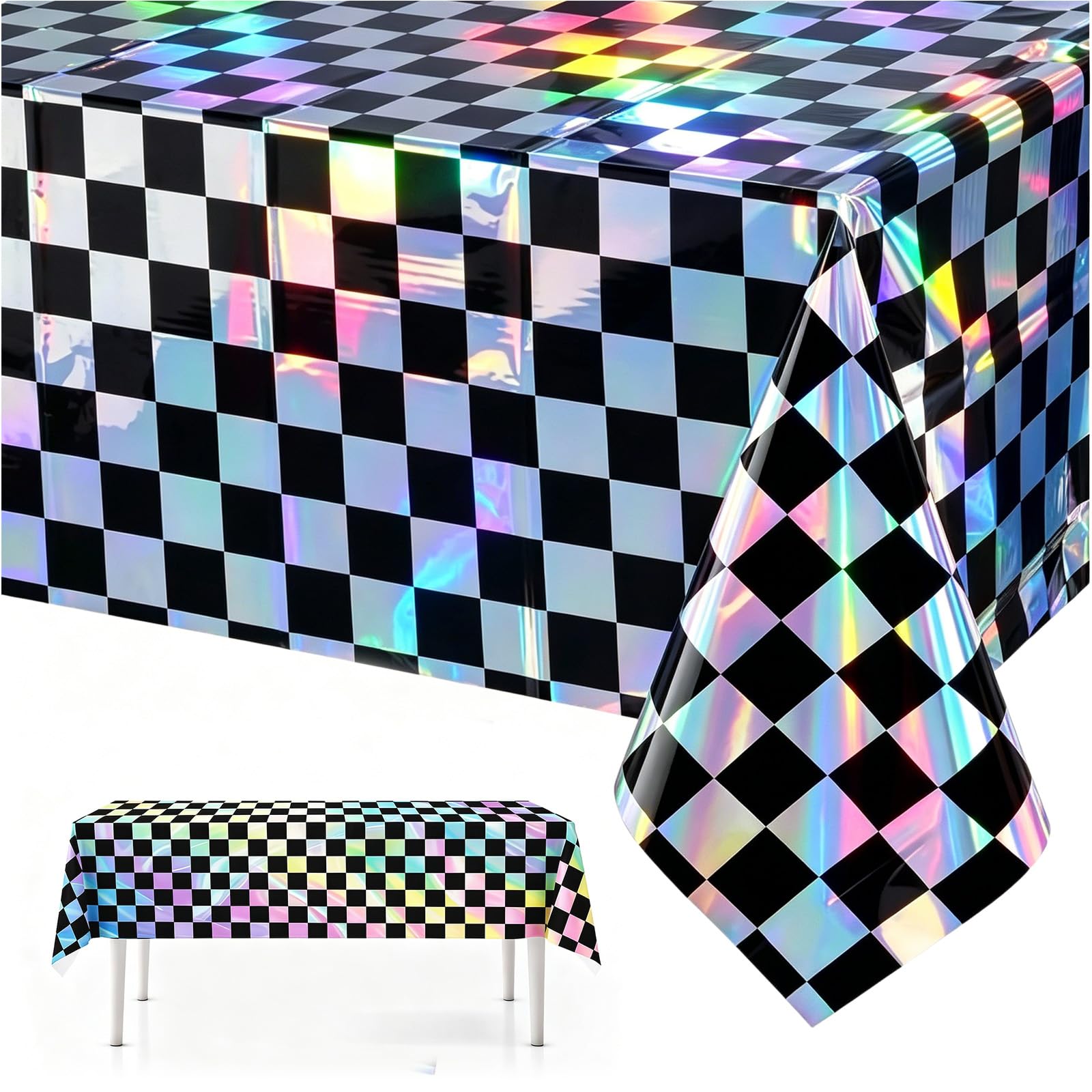 2P Laser Black and Silver Checkered Plastic Table Cloth,137x274cm Shiny Glitter Black Gingham Tablecloths Rectangular Party Dining Table Cover for Racing Car Party Disco Birthday Tablecloth Décor — image 1