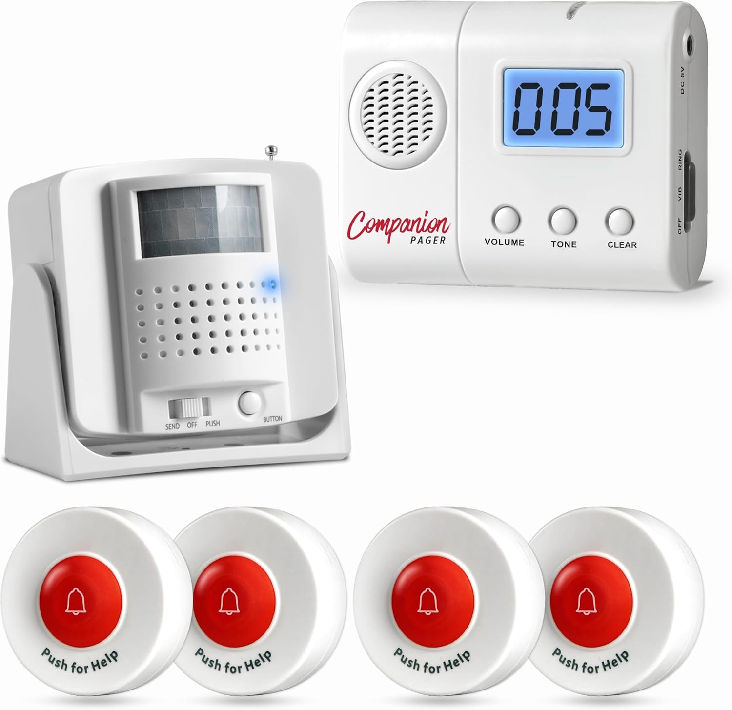 Caregiver LCD Pager with Review Feature, 4 Call Buttons and 1 Motion Sensor for Elderly at Home Seniors Adults Patients (Motion sesnor Must BE PAIRED to Pager to Function)