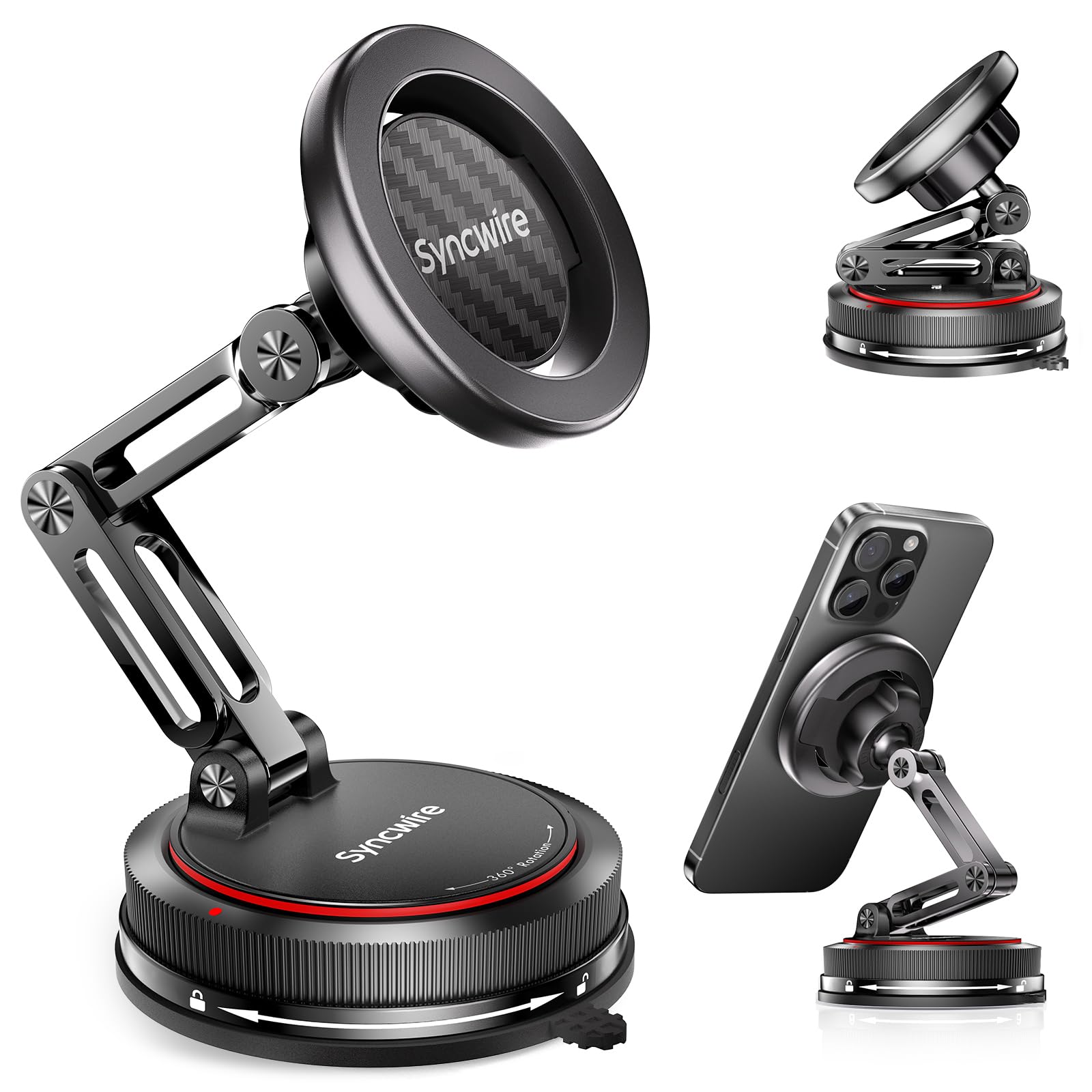 SYNCWIRE for MagSafe Car Mount [3-Axis] Nano Adhesive Gel + Strong Suction Cup Magnetic Phone Holder for Dashboard & Windshield, 360° Adjustable for iPhone 17 16 15 14 13 12, Samsung, Carbon Fiber