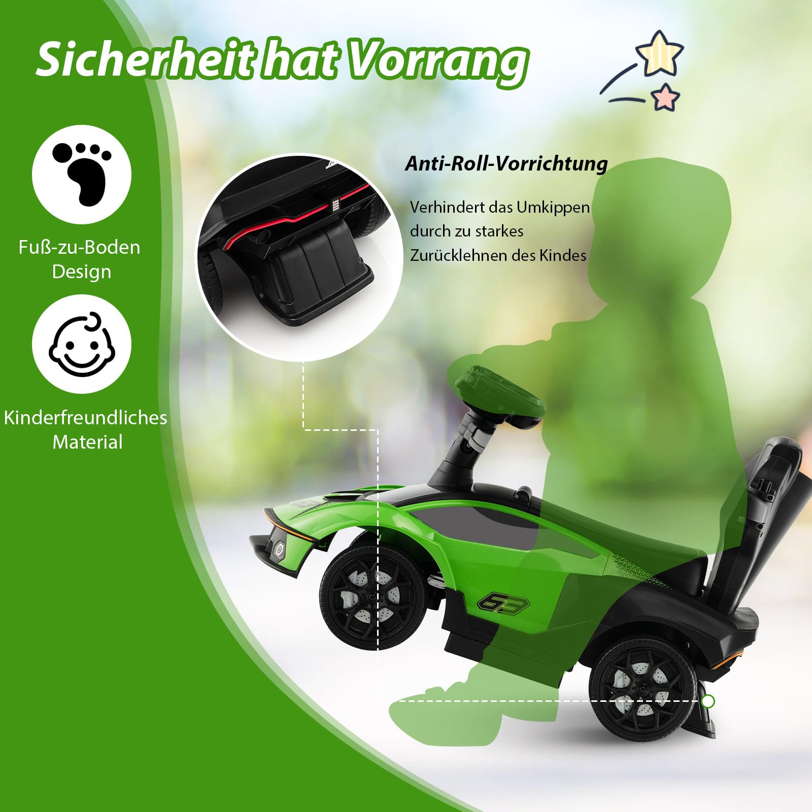 COSTWAY Rutschauto Lamborghini, Rutschfahrzeug mit Schiebstange & Stauraum, Schiebeauto mit Lenkrad & Hupe & Motorsound, 3-in-1 Rutscher Auto für Kinder ab 1 Jahr (Grün)