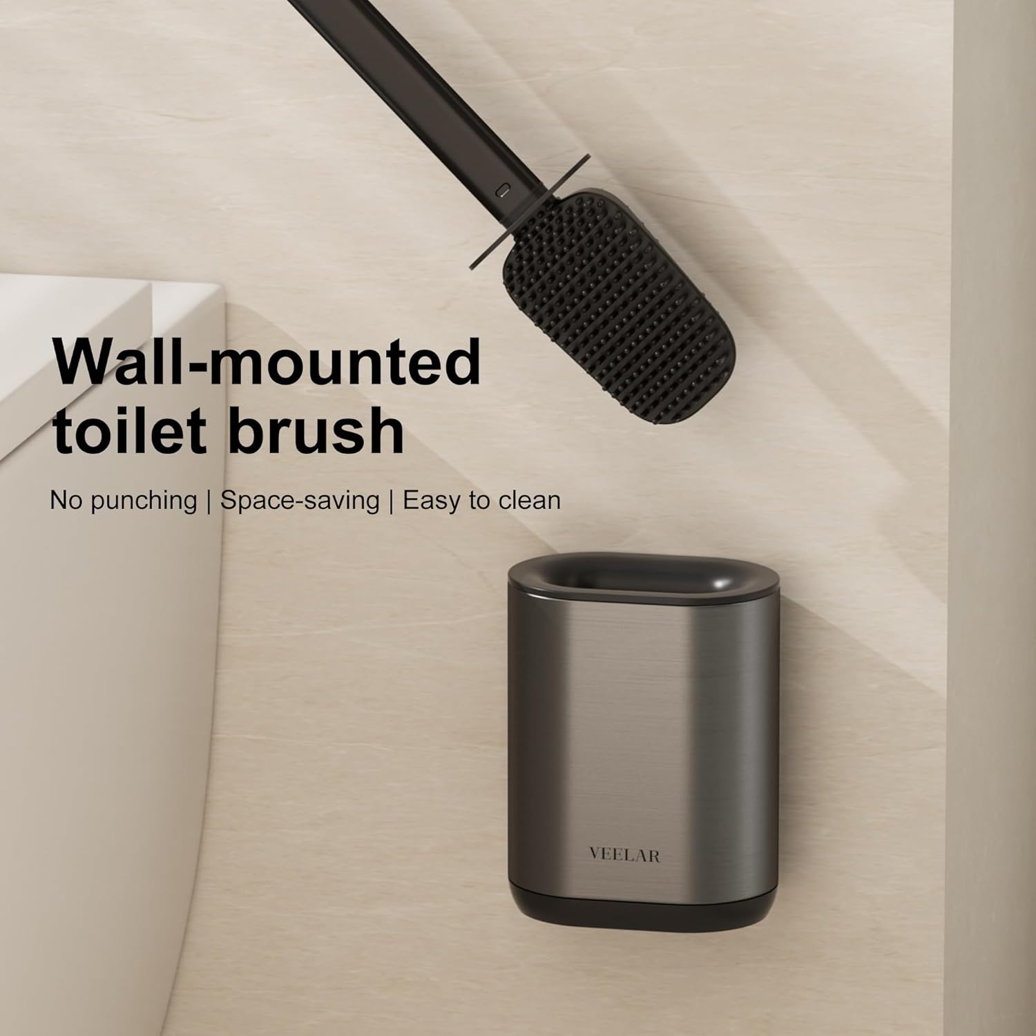 Toilet Brush and Holder Set - Wall Mounted Bathroom Scrub Brush, Toilet Bowl Brush and Plunger Set for Bathroom Cleaner (Grey)