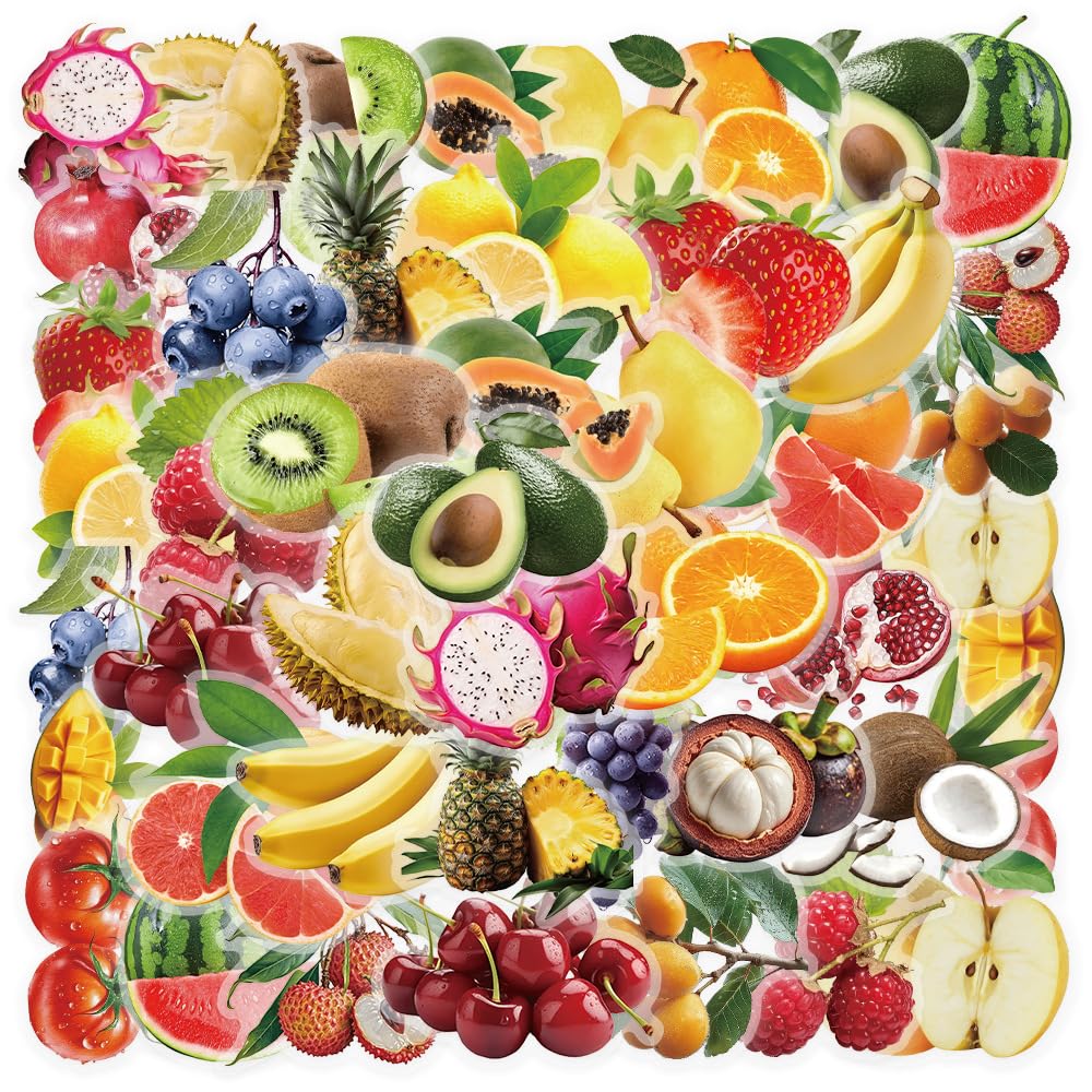 Transparent Fruit Stickers 54Pcs Vinyl Cute Funny Vegetables Stickers for Laptop Water Bottle Skateboard Scrapbook Helmet Car Bike Guitar,Waterproof Banana Strawberry Sticker for Teen Kids Adult