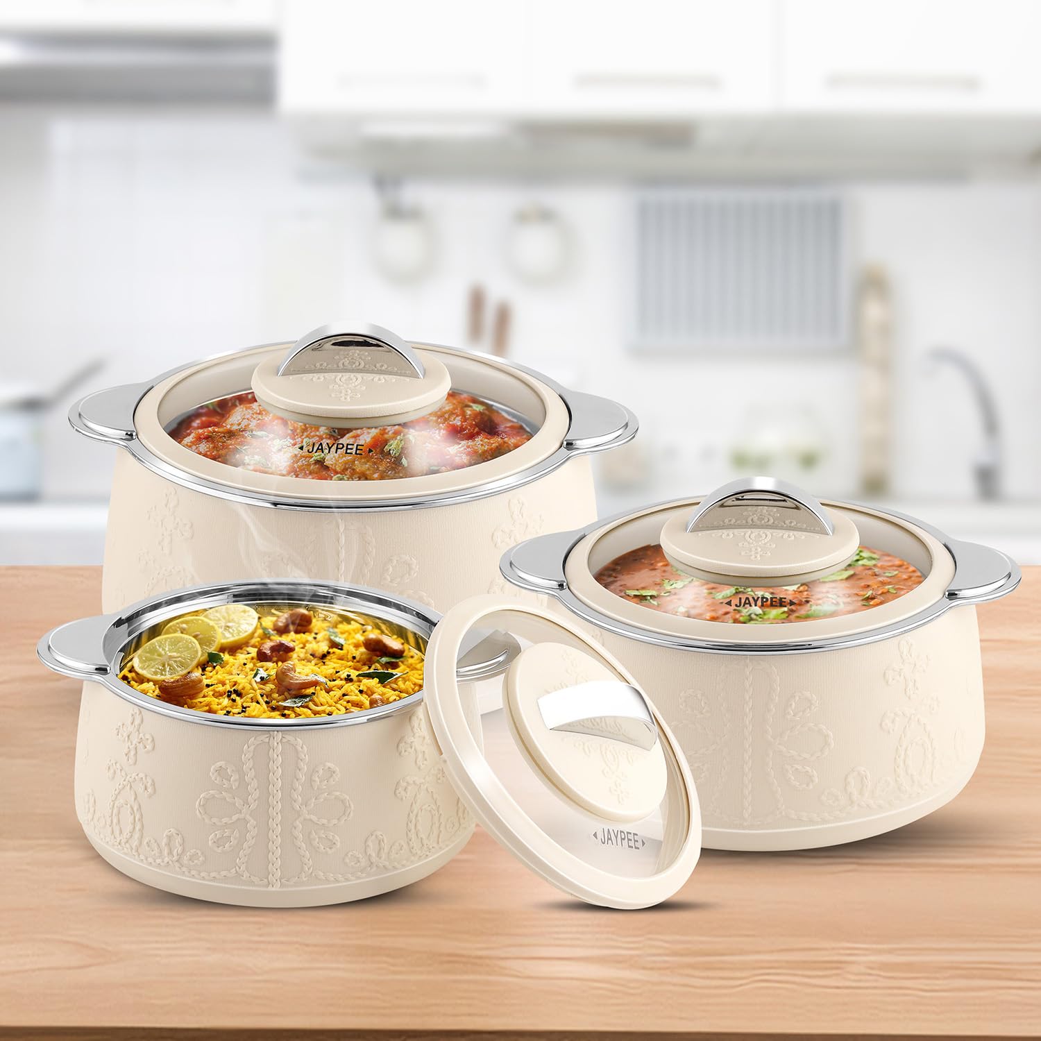 Jaypee Fabrene Serving Set Casserole Set of 3 PUF Insulated |Inner Stainless Steel |Anti Lock Lid Toughened Glass | Hot Box for Serve Chapatti, Dishes, 1000+1500+2000 ml, Ivory 1