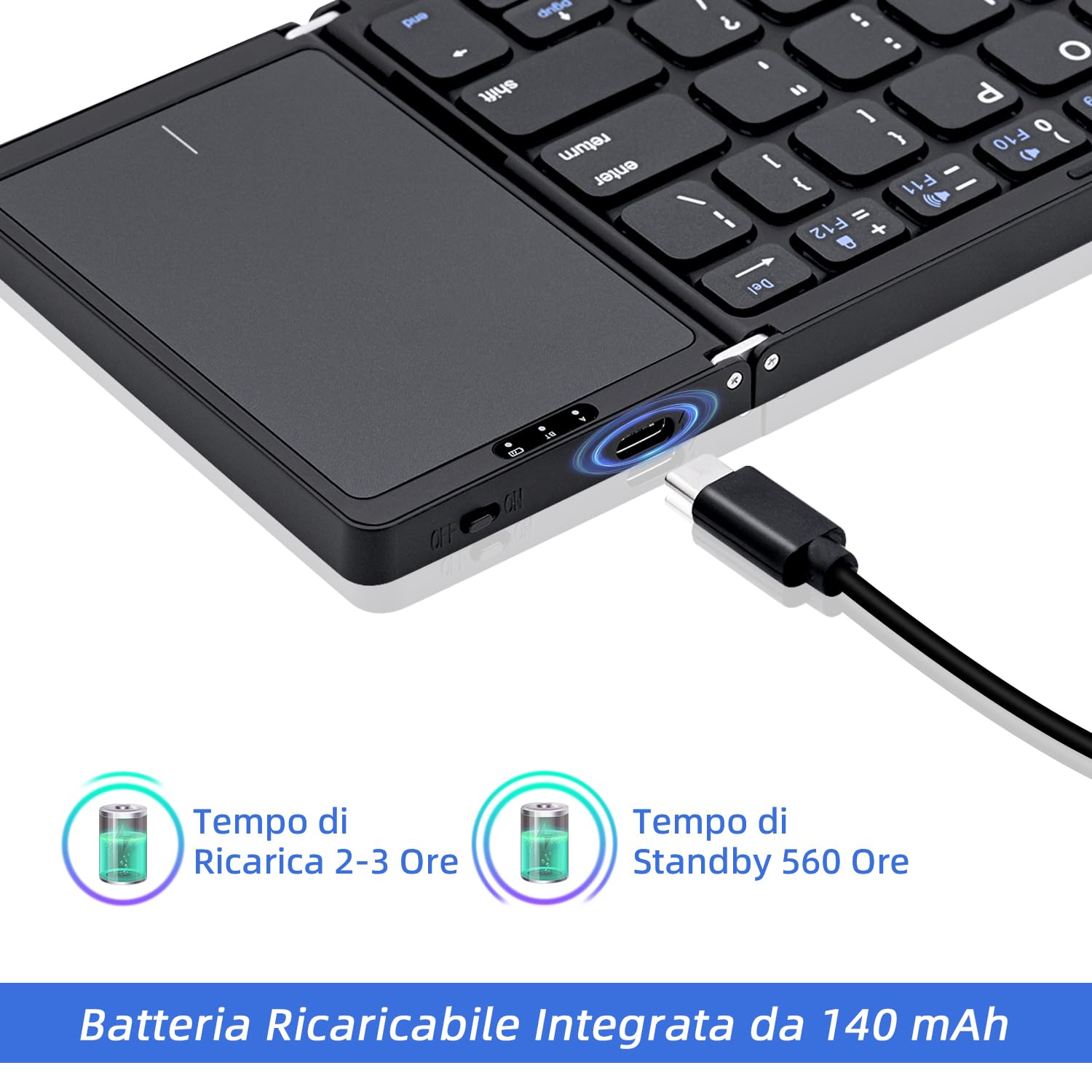 Mcbazel Tastiera senza fili pieghevole con touchpad per tablet/cellulare/PC, tastiera portatile senza fili ricaricabile supporta più dispositivi/iOS/Android/MacOS/Windows, Layout US – nero