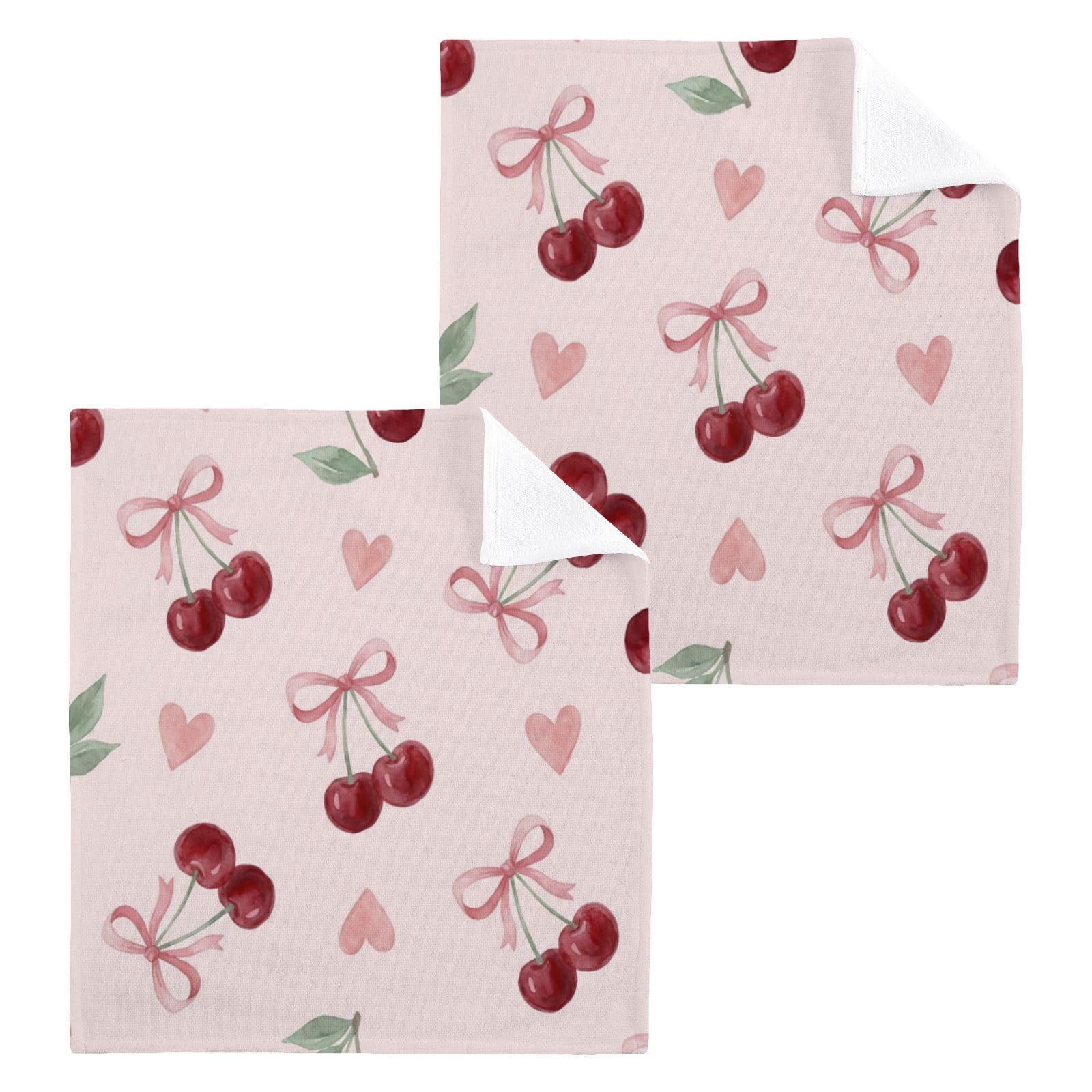 BOESI Watercolor Cherry Heart 12x12in Cotton Washcloth,Face Towel