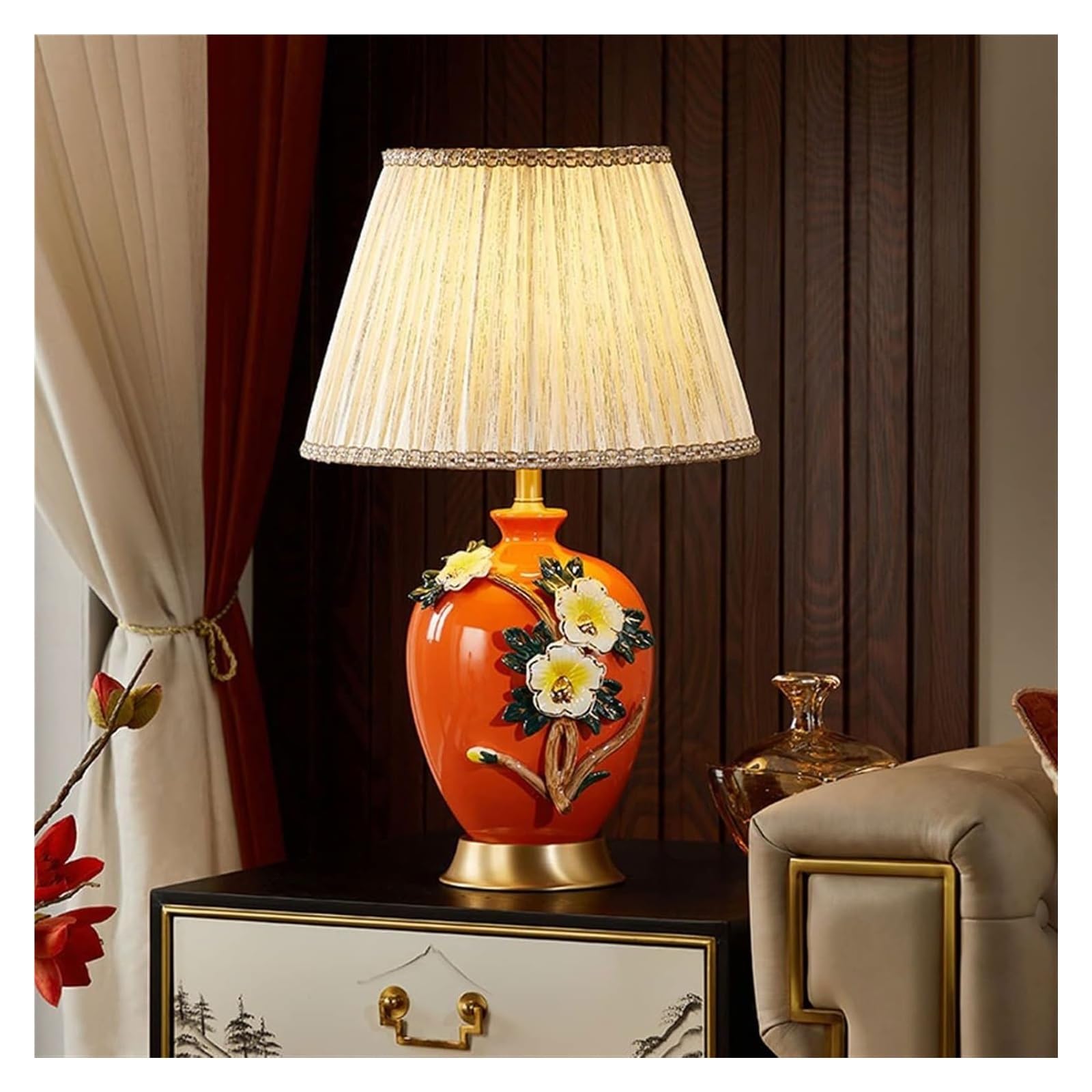 Pomarańczowa emaliowana ceramiczna lampa stołowa w kwiaty, lniany klosz Lampka nocna na biurko z miedzianą podstawą, Lampa dekoracyjna z przyciskiem