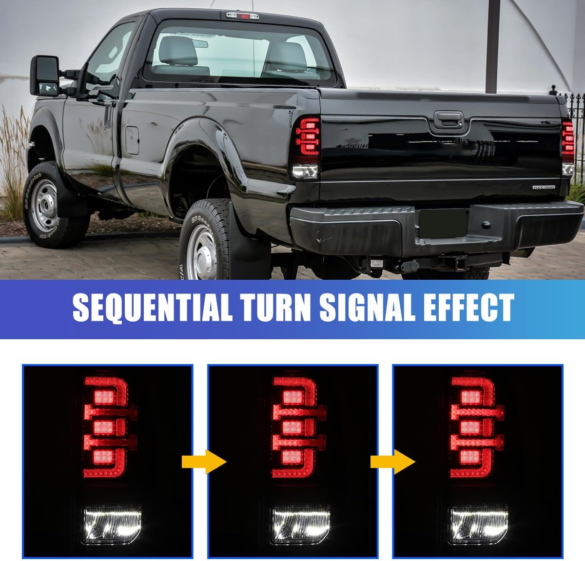 Sequential Full LED Tail Lights for 2008-2016 Ford F250/F350/F450 Super Duty, Light Bar Design Tail Light Brake Parking Lamps Left+Right with Sequential Turn Signal Black Housing Clear Lens