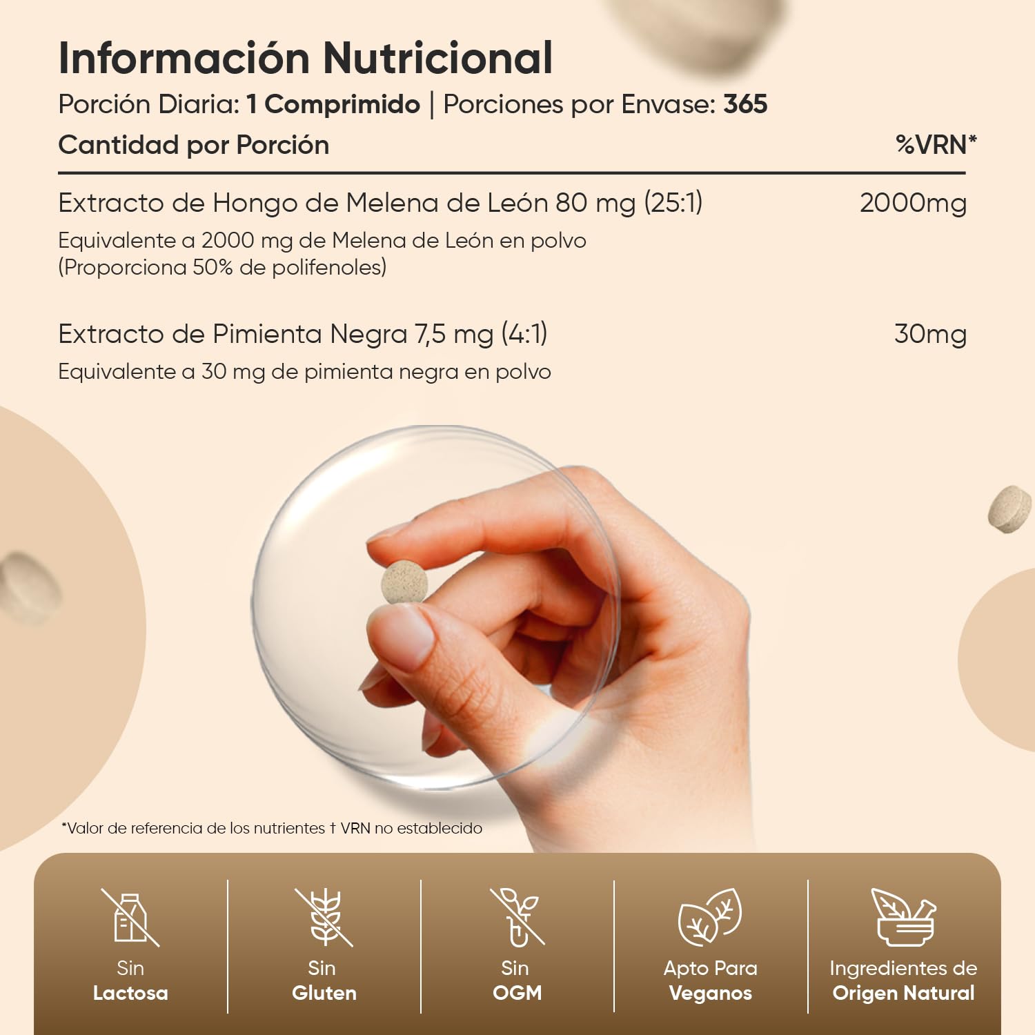 Melena de León 2000mg de Concentración 365 Comprimidos Veganos (1 Año de Suministro) - Extracto de Hongo Lions Mane o Hericium Erinaceus con Pimienta Negra, Sin OGM y Sin Gluten