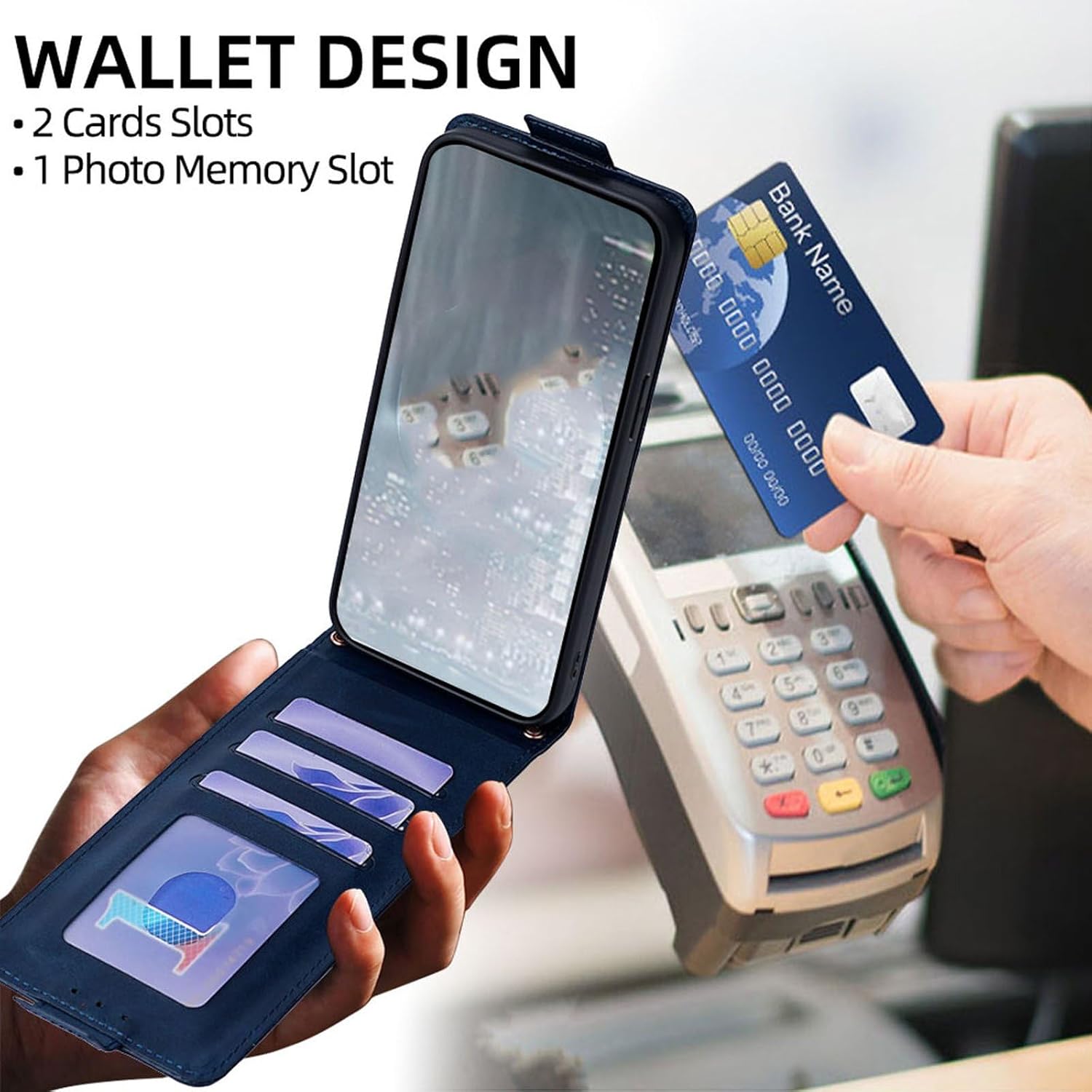 Flip Folio Case for iPhone 13, PU Leather Crossbody Cover with Card Holder Magnetic Clasp - Blue