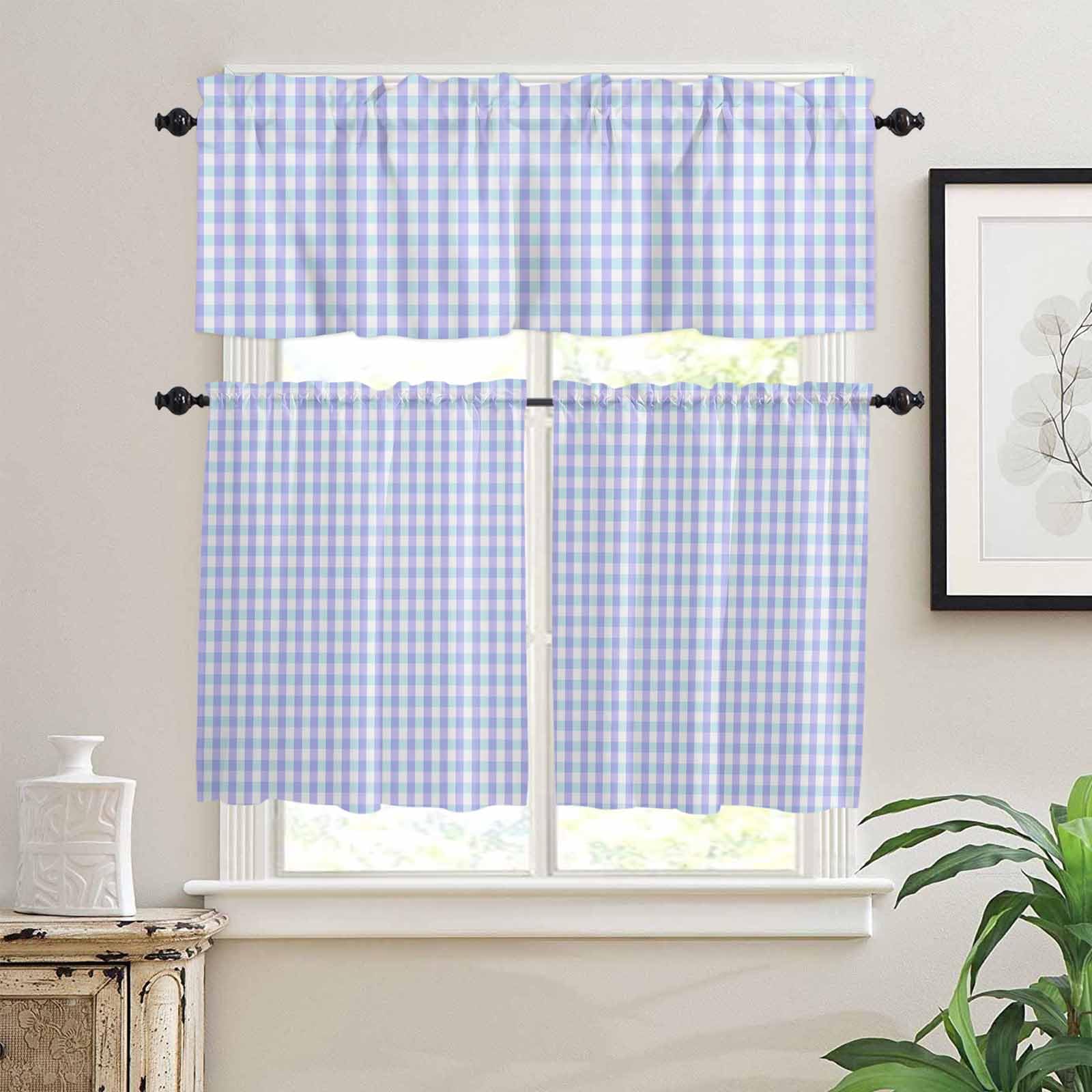 Blue Grid Kitchen Curtains 36 Inch Length,3 Piece Rod Pocket Small Half Tiers and Valance Set,Checkered Plaid Gingham Lattice Trellis Print Small Large Window Treatment Decor for Bedroom/Bathroom