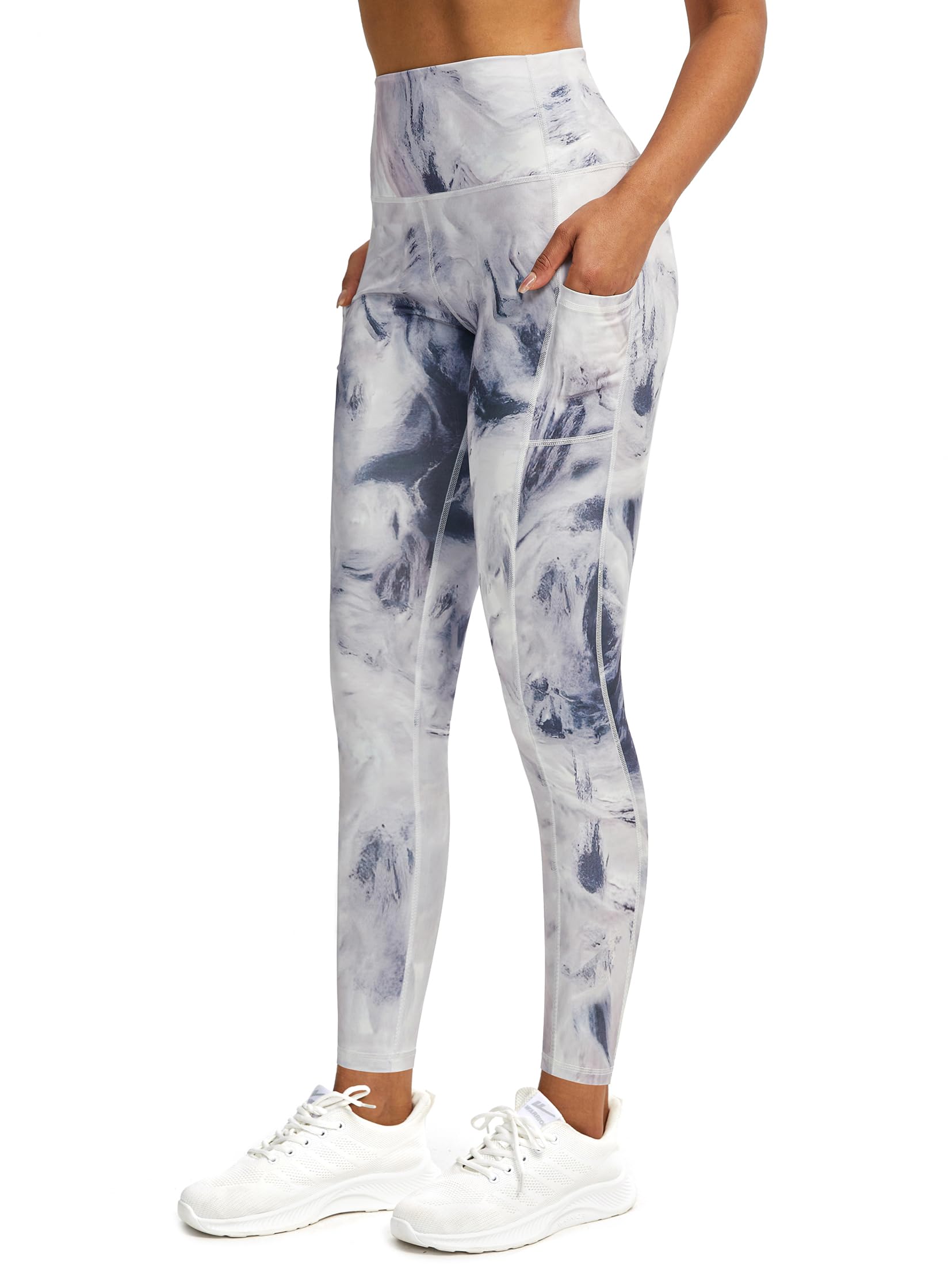 Tuspryt Sport Leggings Damen Lang,Blickdichte Printed Fitnesshose Laufhose Damen mit Taschen