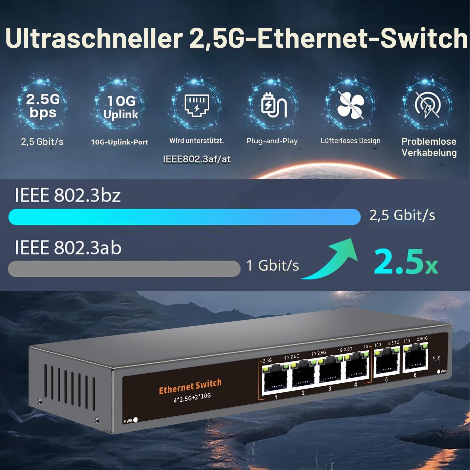10G Unmanaged Ethernet Switch mit 2 x 10G RJ-45 Uplink-Port und 4 x 2,5 G Base-T Ports, kompatibel mit 100/1000/2500 Mbps, One-Key WLAN, lüfterlos Plug & Play, Metall 2,5 GB Netzwerk-Switch (6)