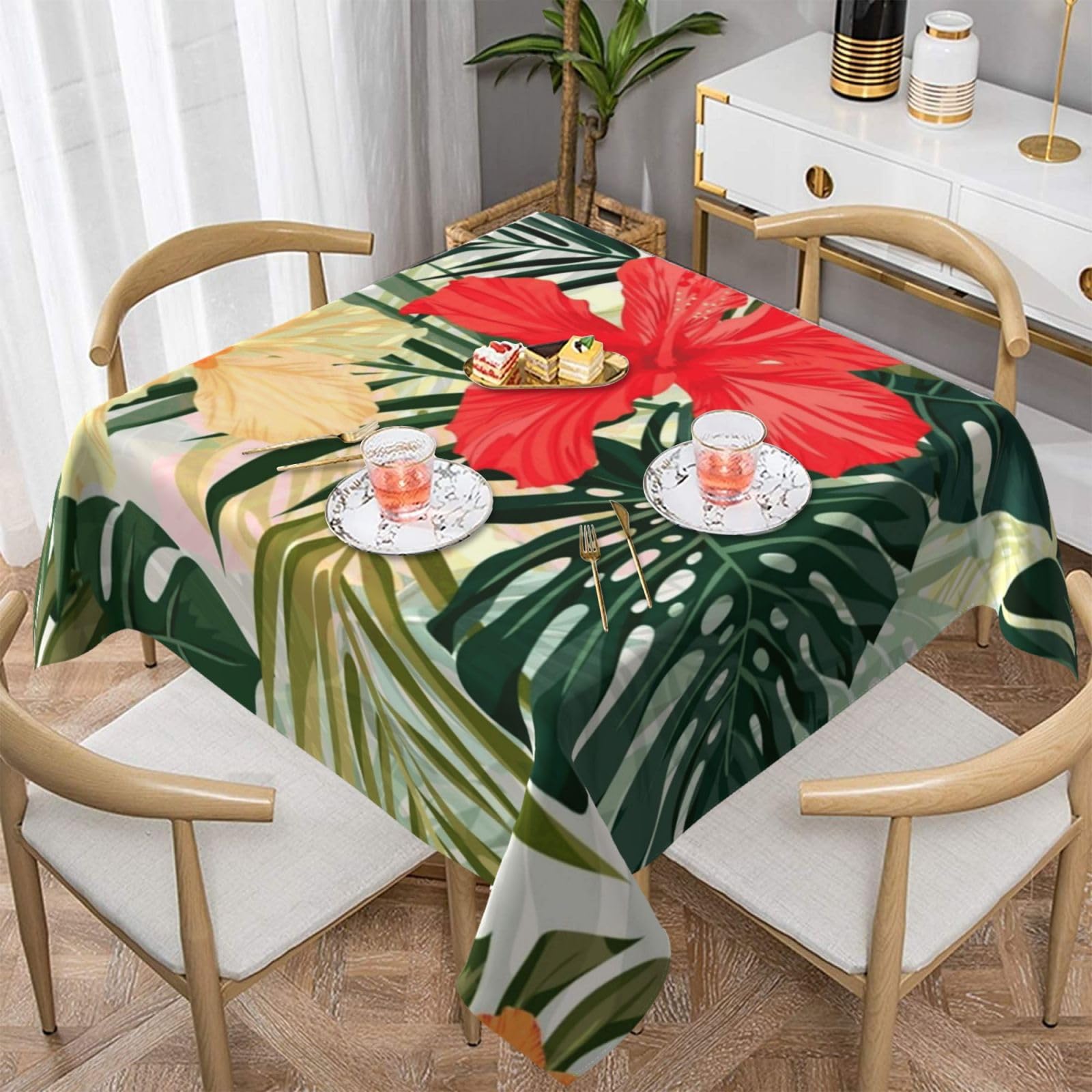 DCEHGEW summer hawaiian Prints Square Tablecloth 152x152 CM, Waterproof Fabric Table Cloth for Dining Table, Farmhouse Table Cover for Kitchen Dining Tabletop Decoration