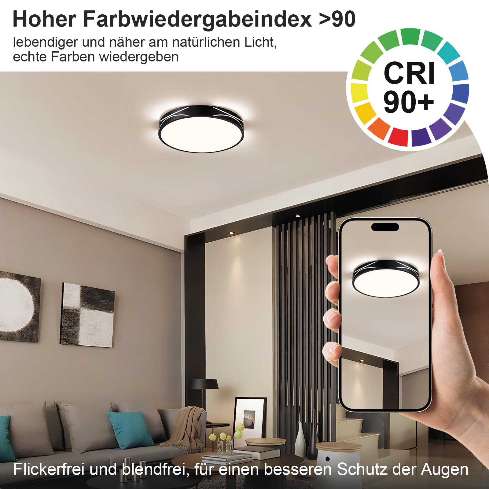 WOKNOS Okrągła lampa sufitowa LED, oświetlenie wewnętrzne czarne, Ø30 cm