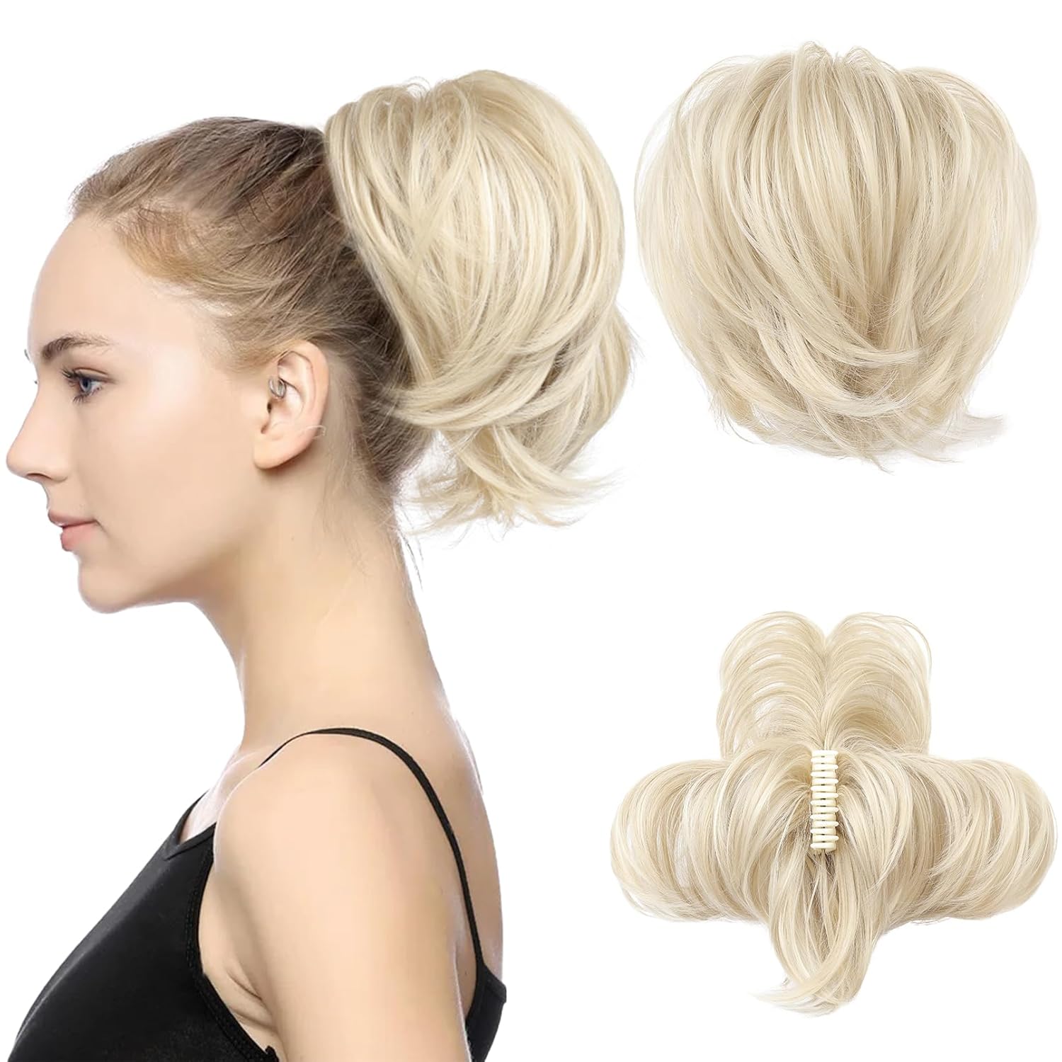 HOOJIH Messy Bun Hair Piece, Claw Clip in Straight Hair Bun 9 Inch Short Ponytail Extension with Bendable Metal Wire Hair Pieces for Women Fake Hair Bun DIY Styles – Cool Light Blonde