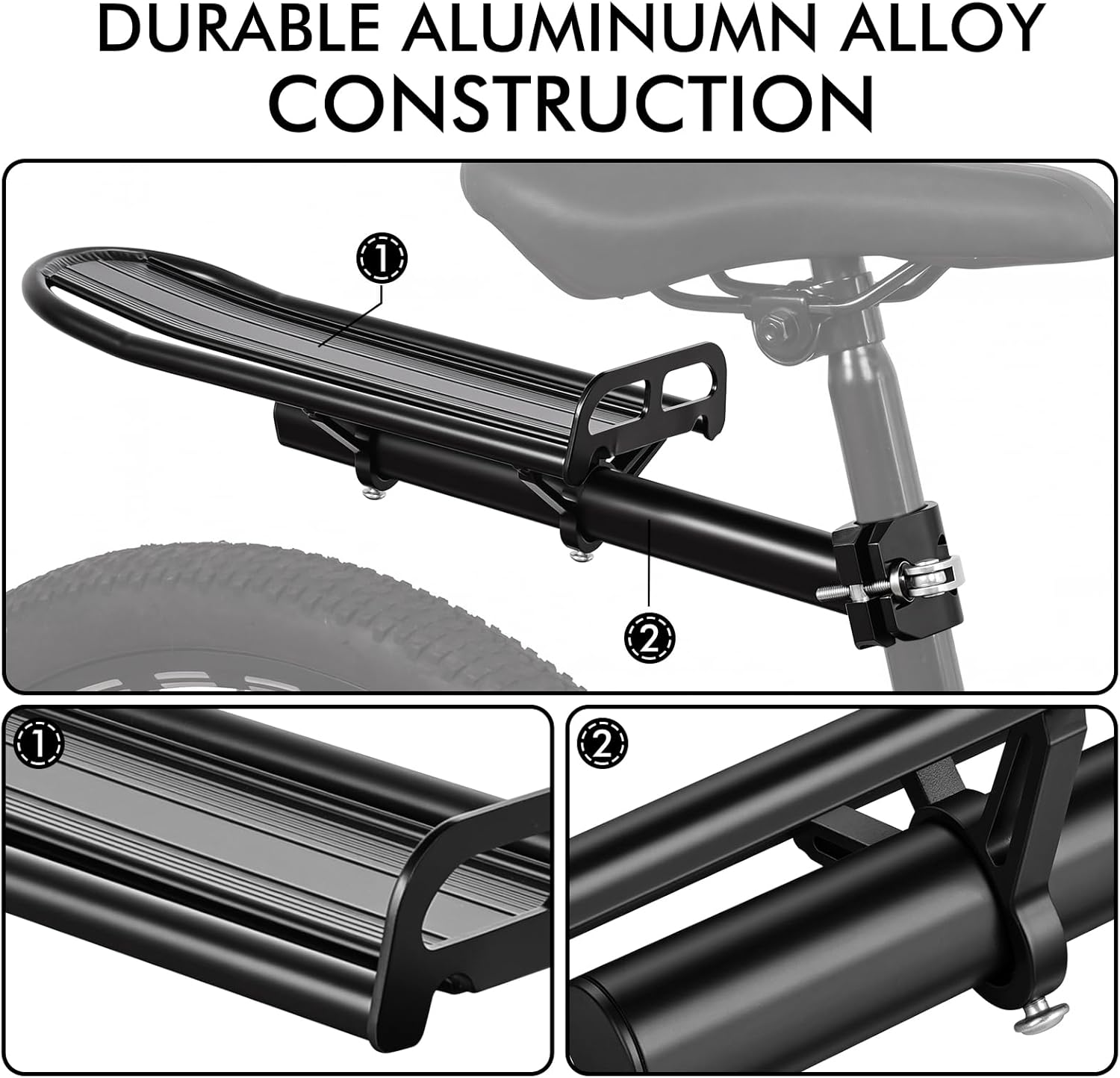 Bike Rear Rack, Adjustable Bike Cargo Rack with Quick Release Clamp Includes Tie Straps