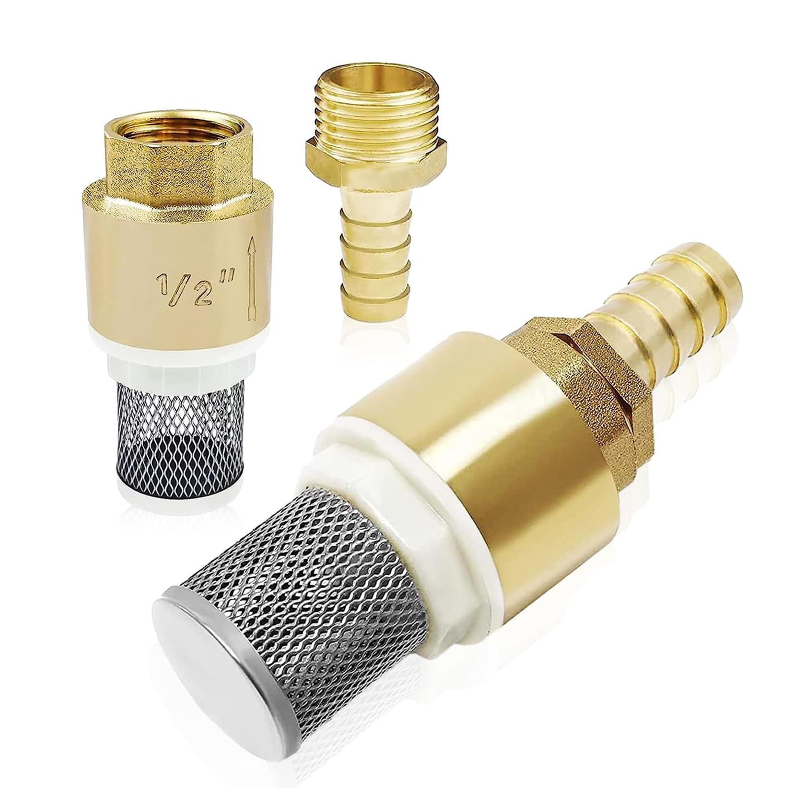 Montesy Hose Barb Brass Check Valves 1/2inch Brass Foot Valves Strainer Filter Bottom Valves with Hose Connection Rustproof Inch Brass Foot Valves Backflow Prevention for Suction Hose