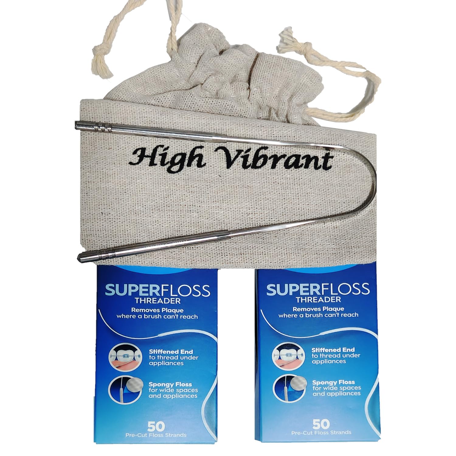 High Vibrant | Oral Superfloss 50 Pre-Cut Strands, Pack of 2 Dental Floss Ideal for Braces, Bridges and Wide Spaces 100 Strands in Total with Tongue Scraper & Bag