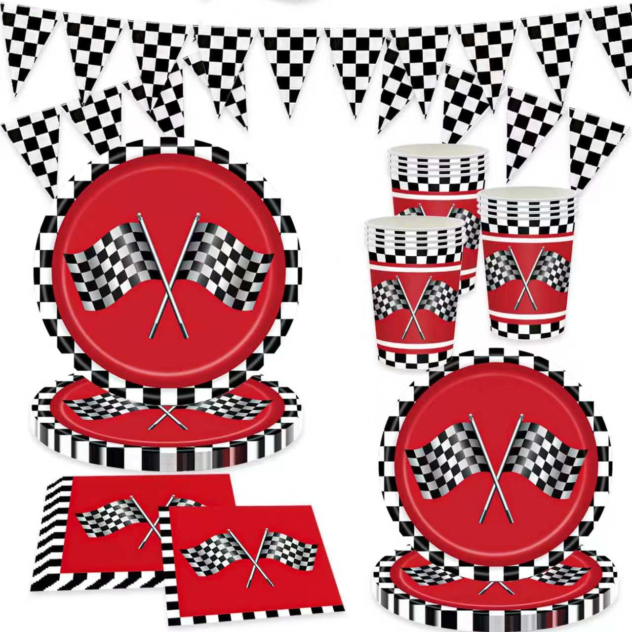 127PCS Racing Car Birthday Party Decorations, Race Cars Birthday Tableware includes Paper Plates, Cups, Napkins, and Race Banners, Serves 20 Guests for Racing Car Party Decoration