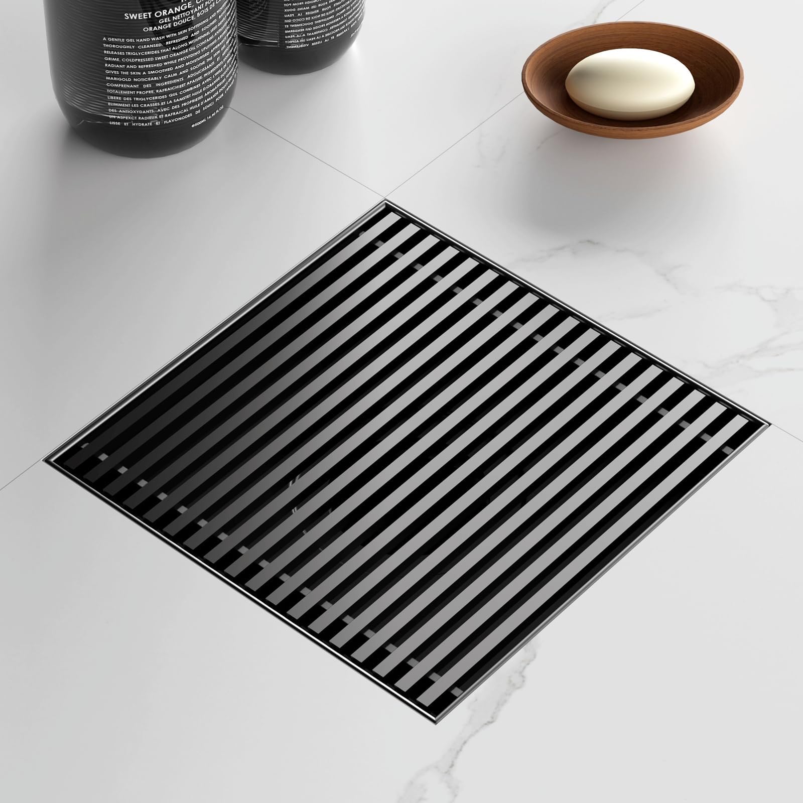 Sharpeye 6 Inch Square Shower Drain with Removable Wedge Wire Pattern Grate, Matte Black 304 Stainless Steel Square Shower Floor Drain for Bathroom, CUPC Certified, with Hair Strainer