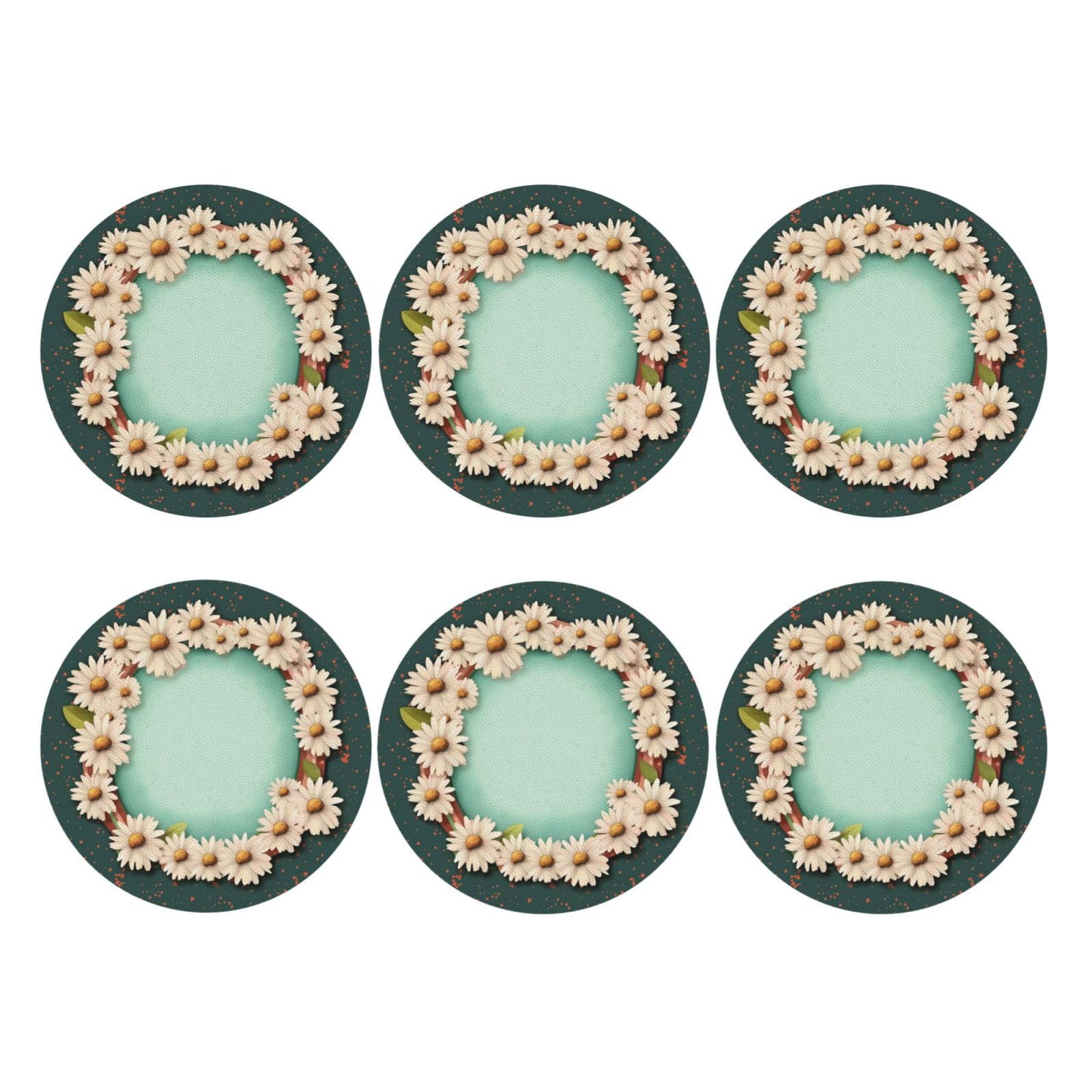 6pcs Leather Coasters for Drinks, with Daisies and Frame Drink Coasters for Tabletop Protection, 4" Cup Coasters for Coffee Table Decor, Non-Slip Drinking Cup Mat for Hot Or Cold Drink